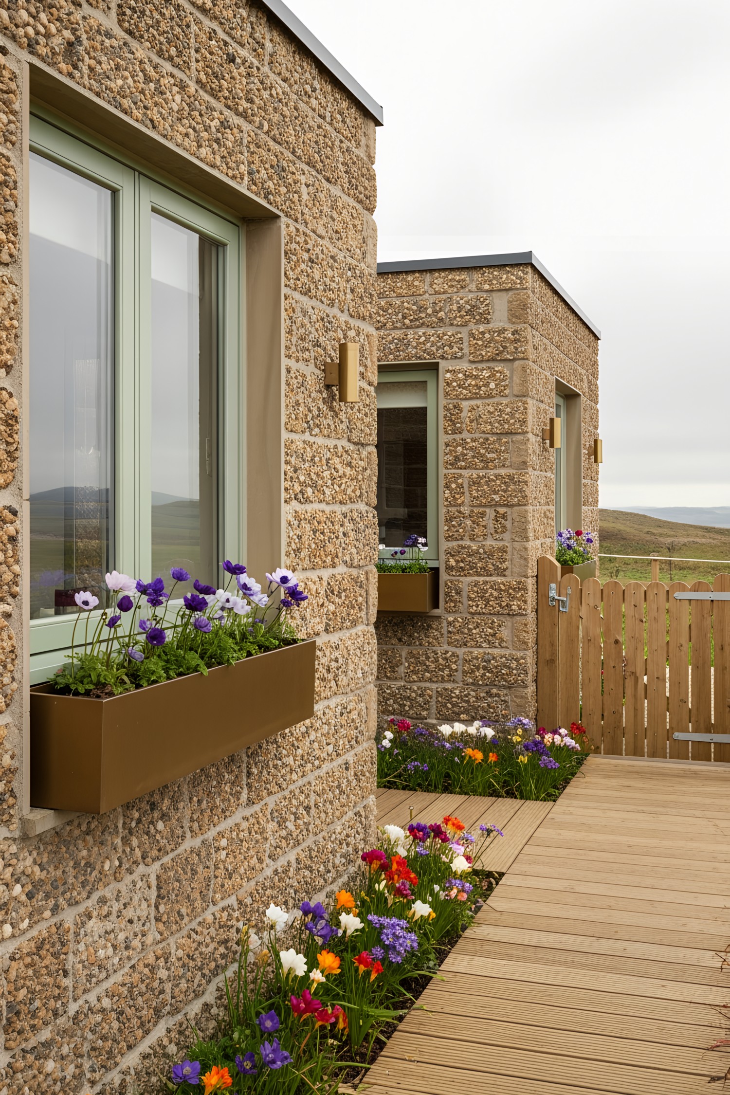 Cozy stone house with flower-filled window boxes