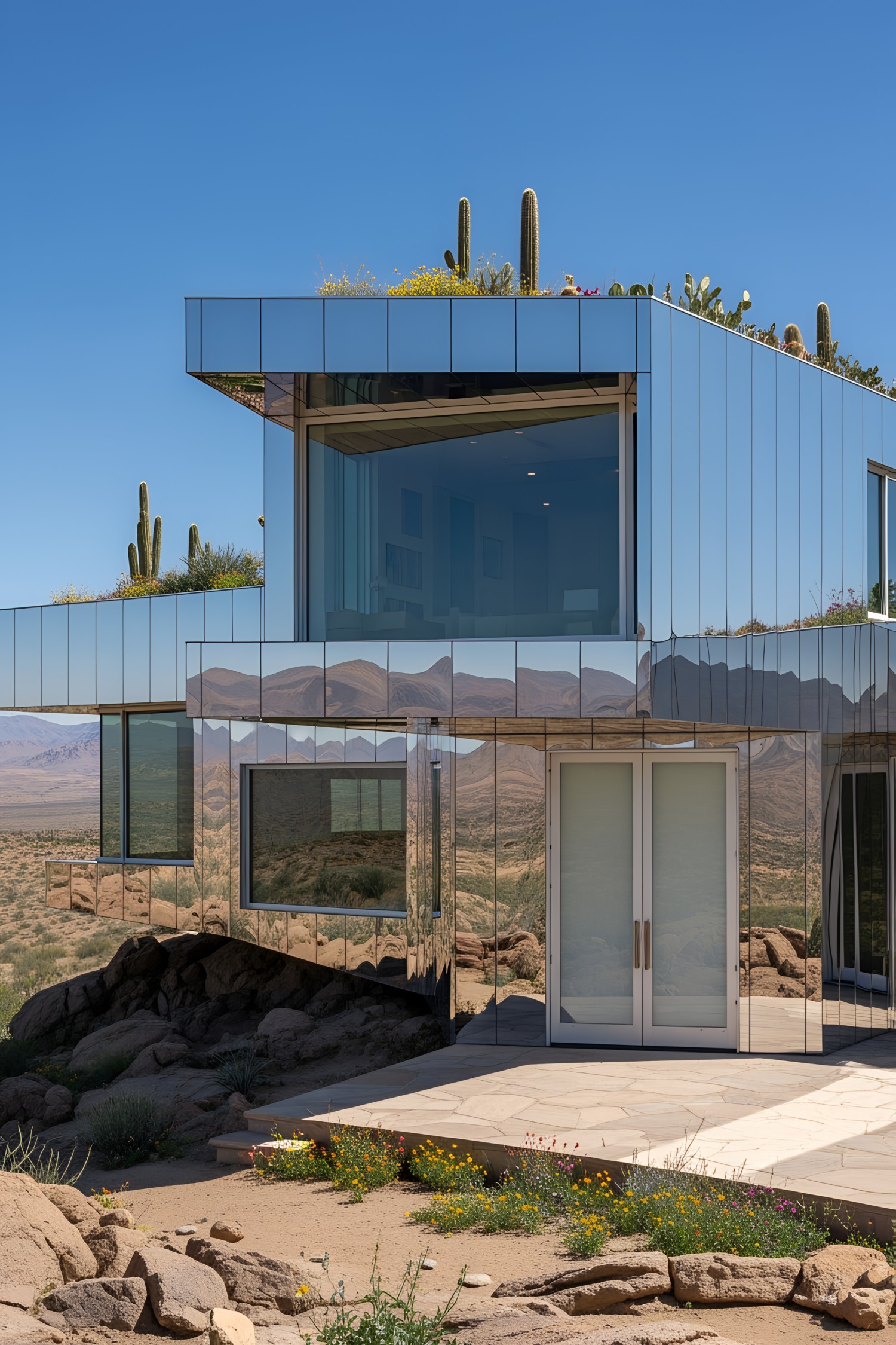 Mirrored house with desert background and rooftop garden