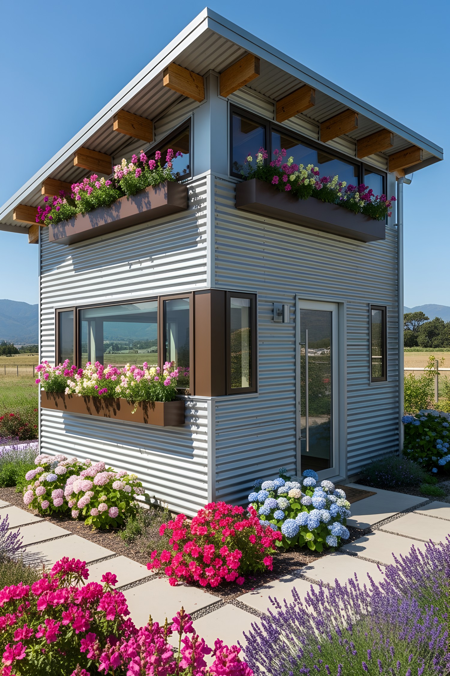 Compact modern house with flower boxes and garden