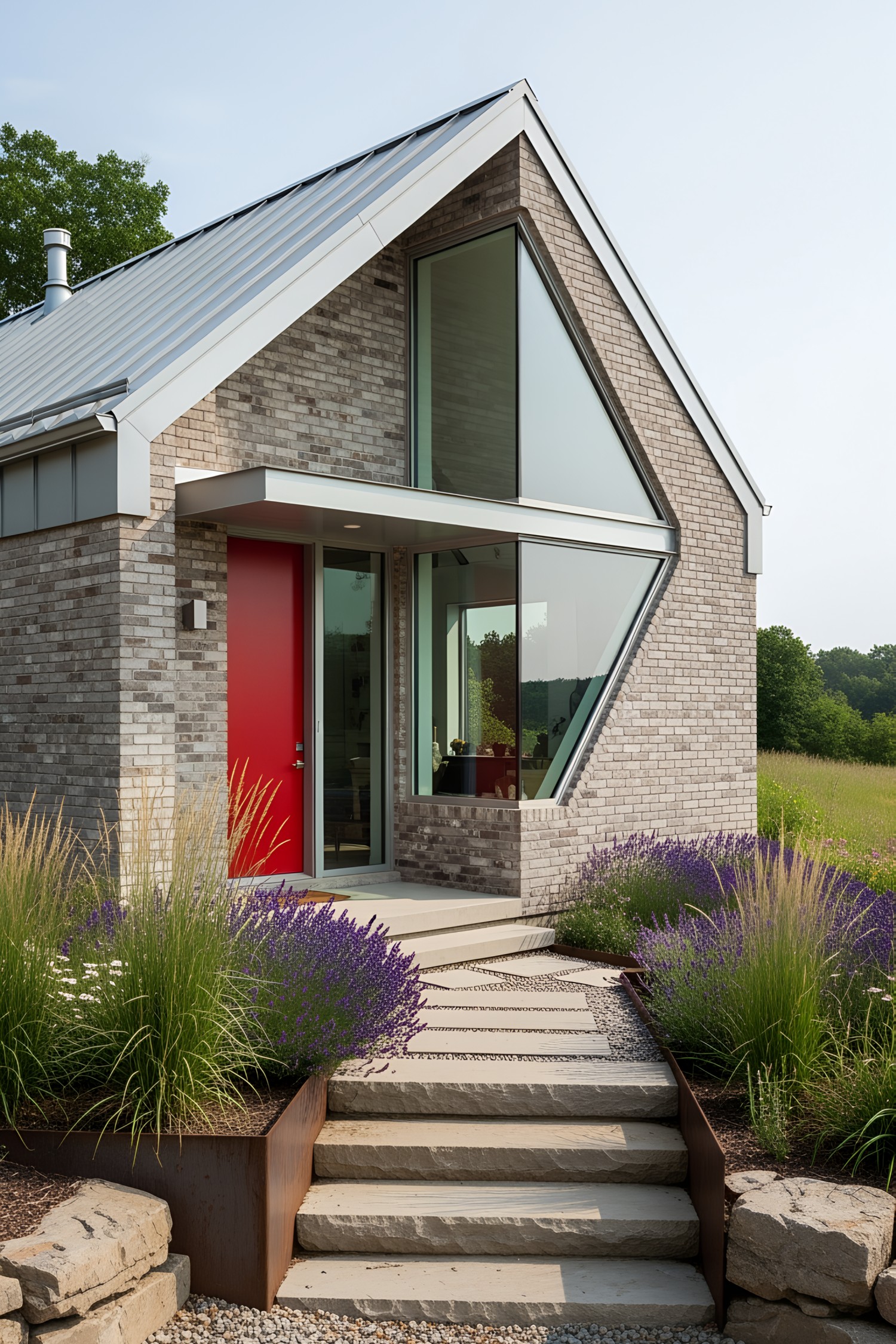 Modern house with a triangular and hexagonal window design