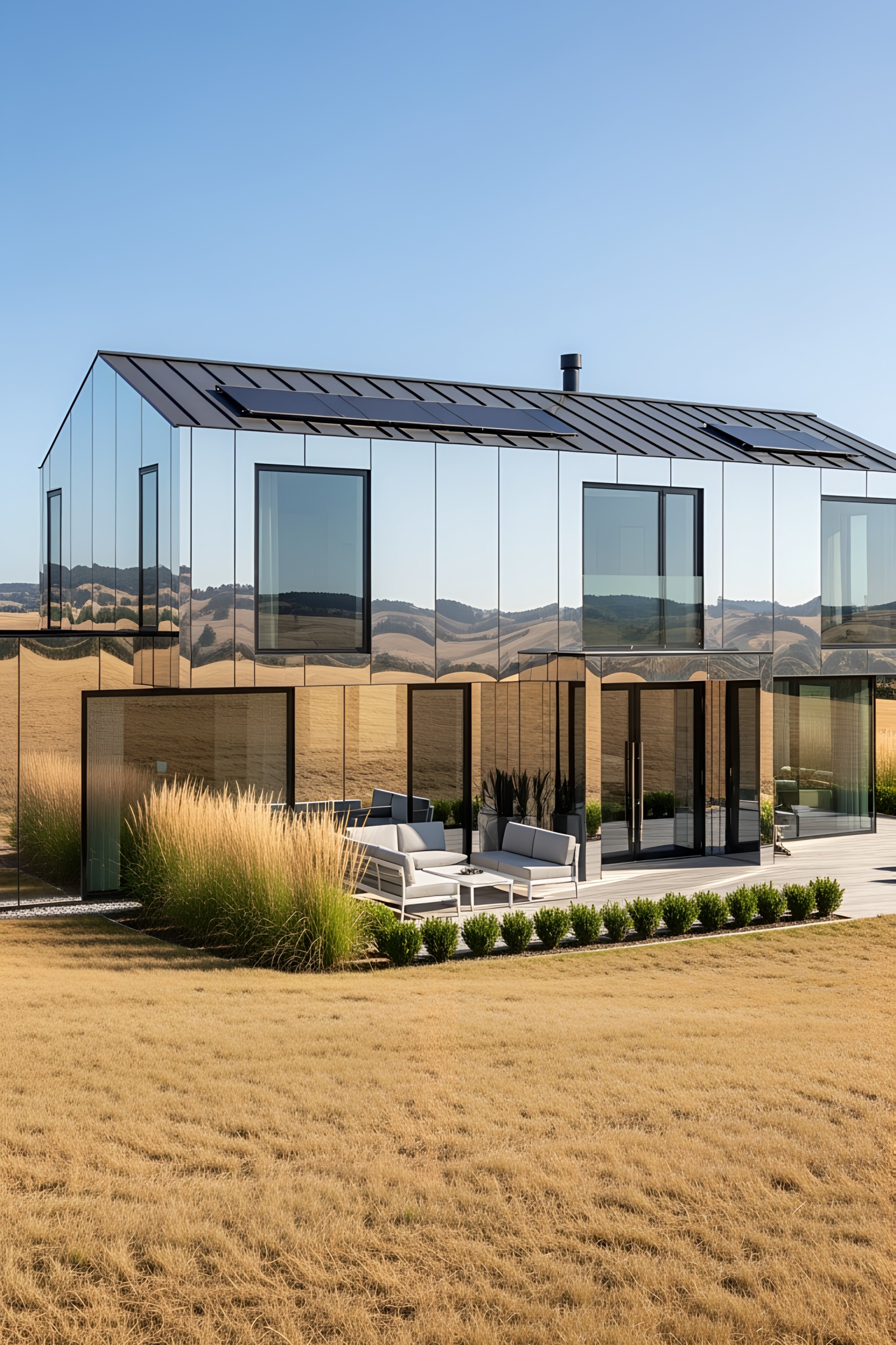 Modern house with mirror siding reflecting the landscape