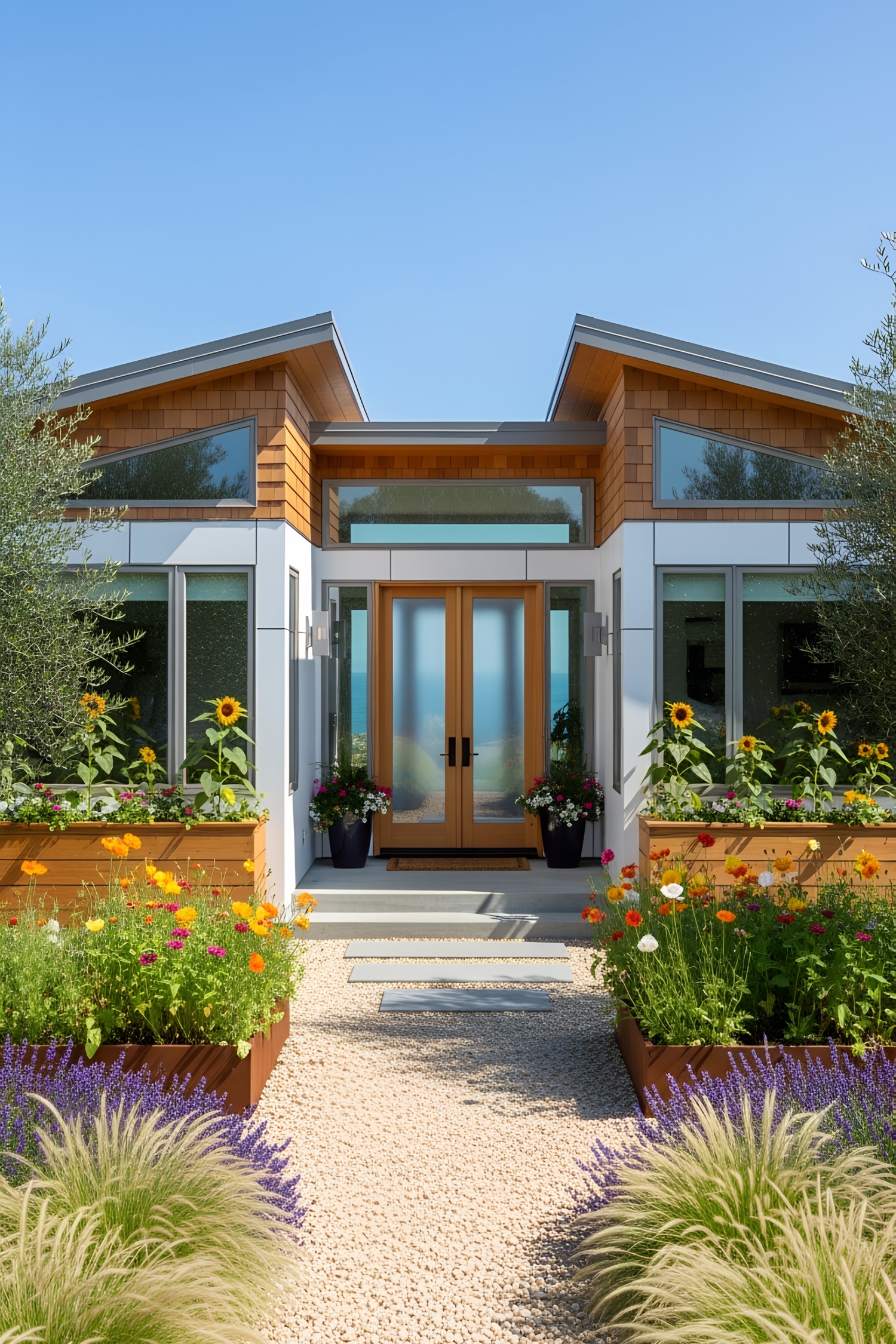 Modern house entrance with wooden flower boxes and vibrant flowers