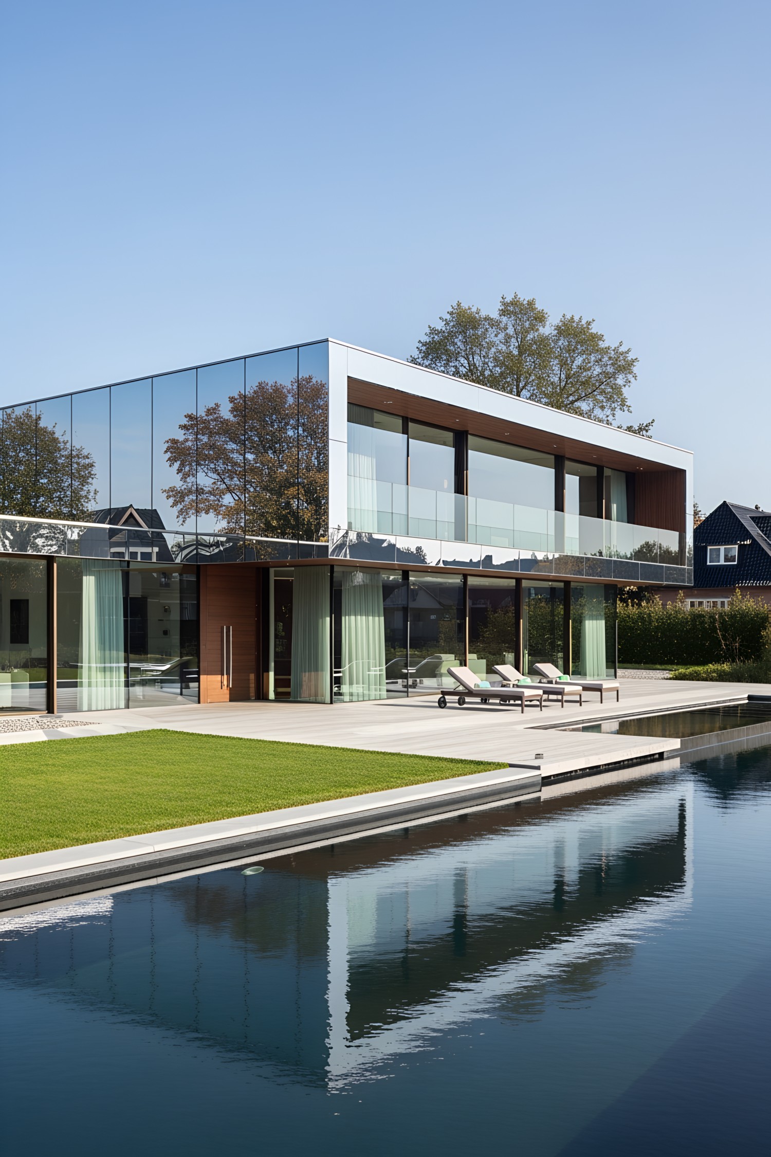 Modern house with mirrored siding reflecting the surroundings