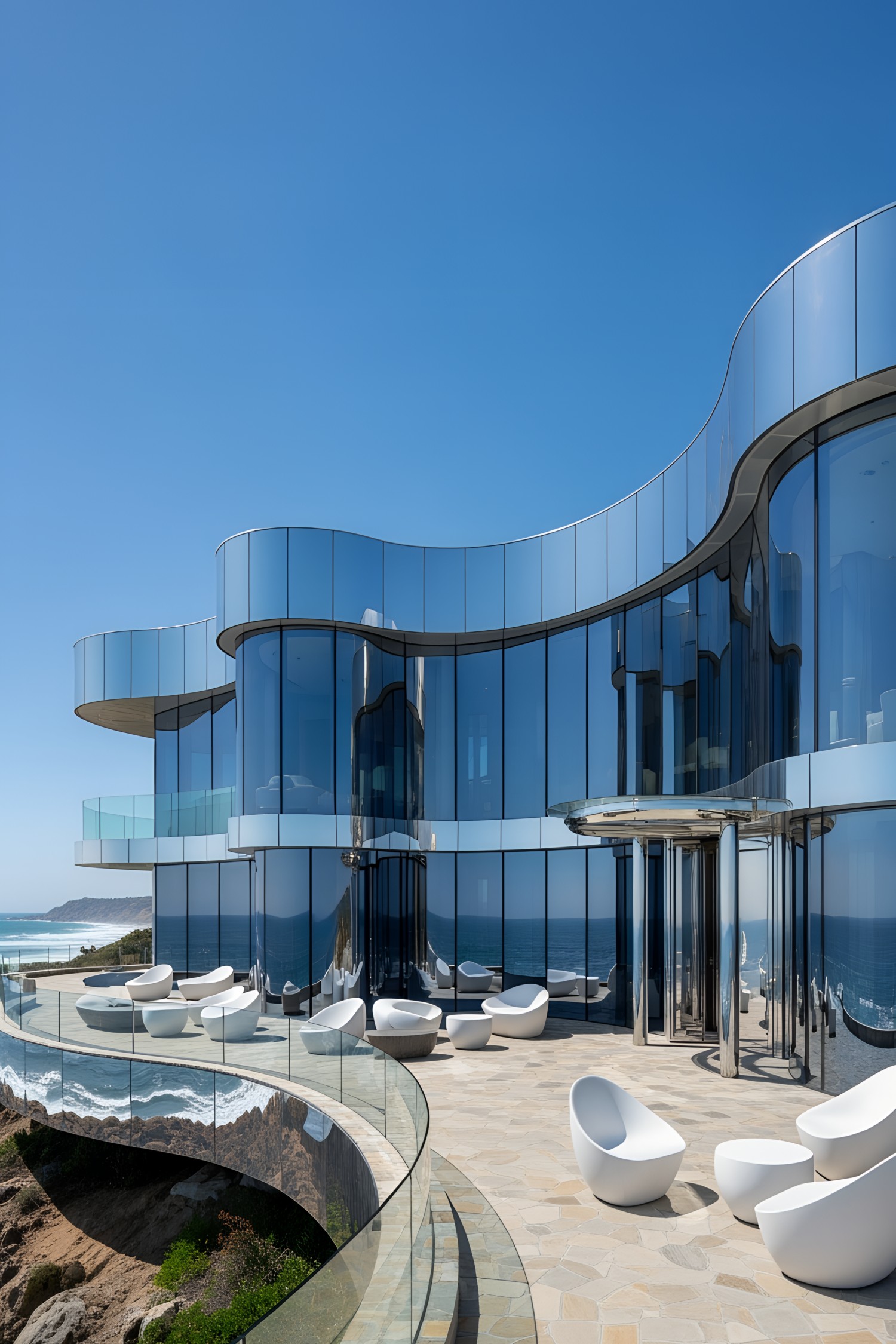 Modern house with mirror siding overlooking the sea