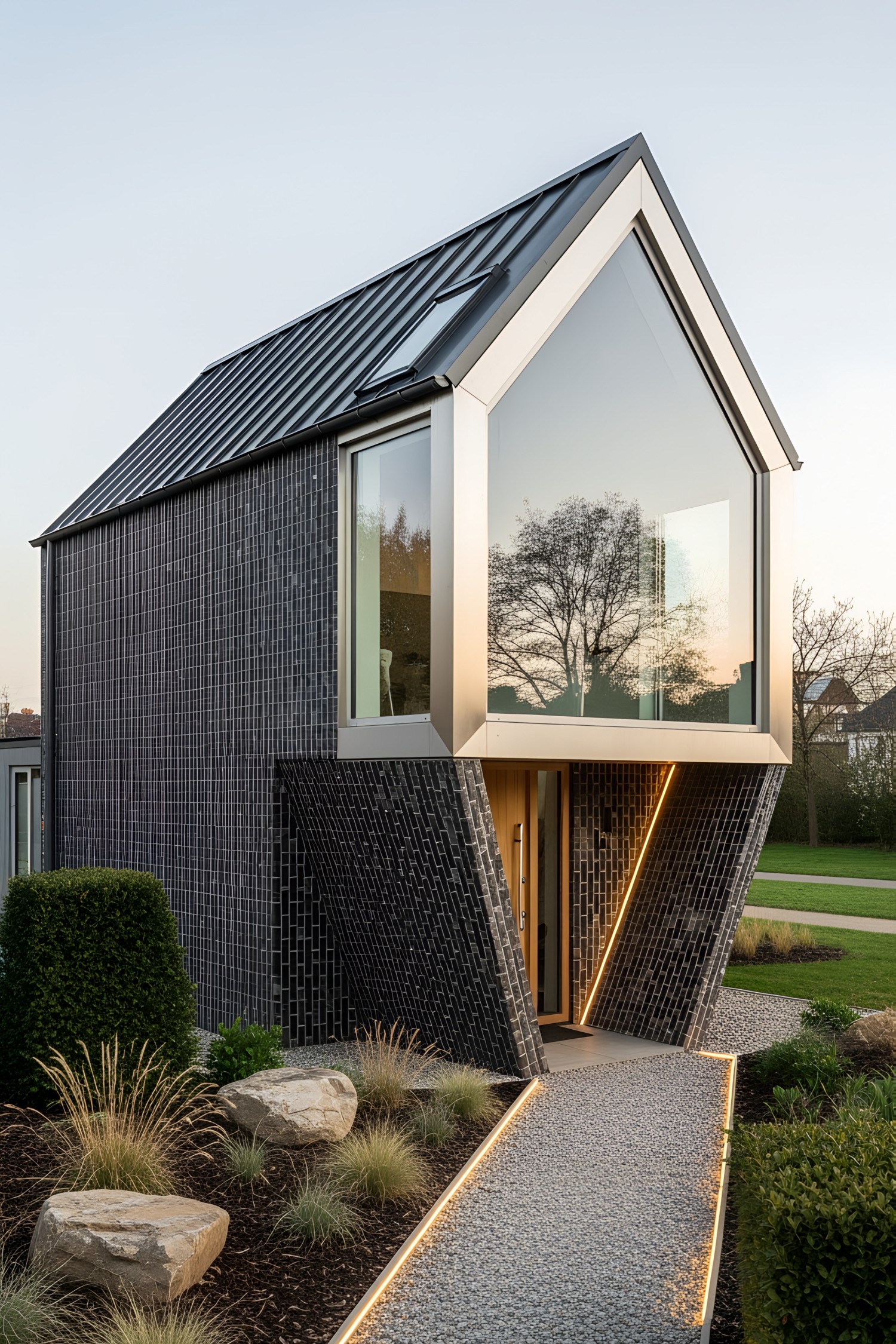 Modern house with geometric windows and black brick facade