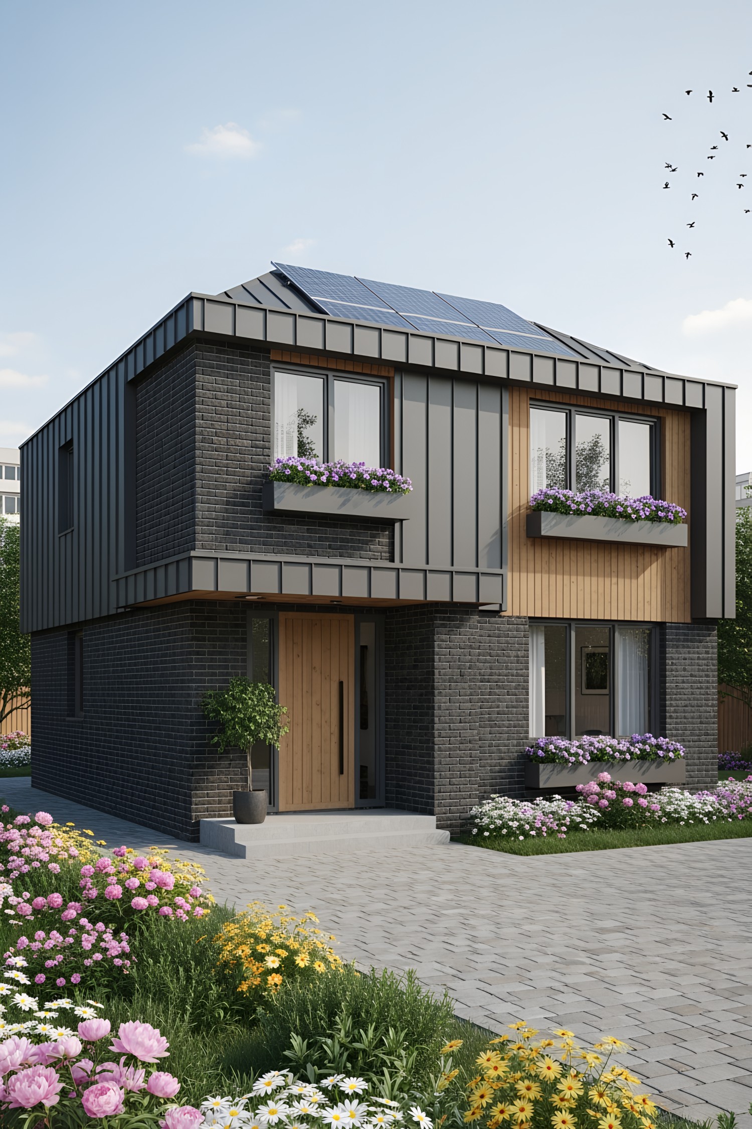 Modern house with gray brick and flower boxes