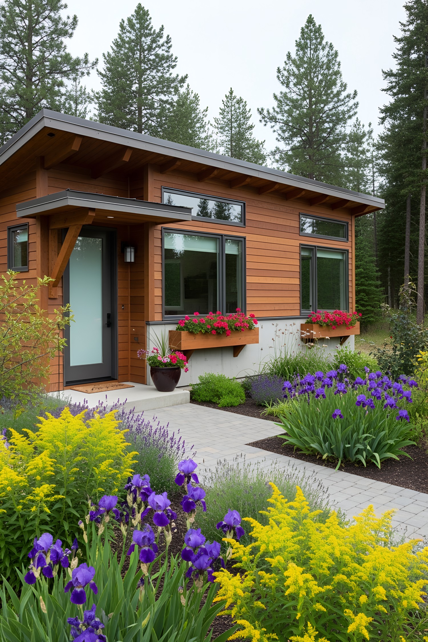 Wooden house with colorful flower boxes and garden