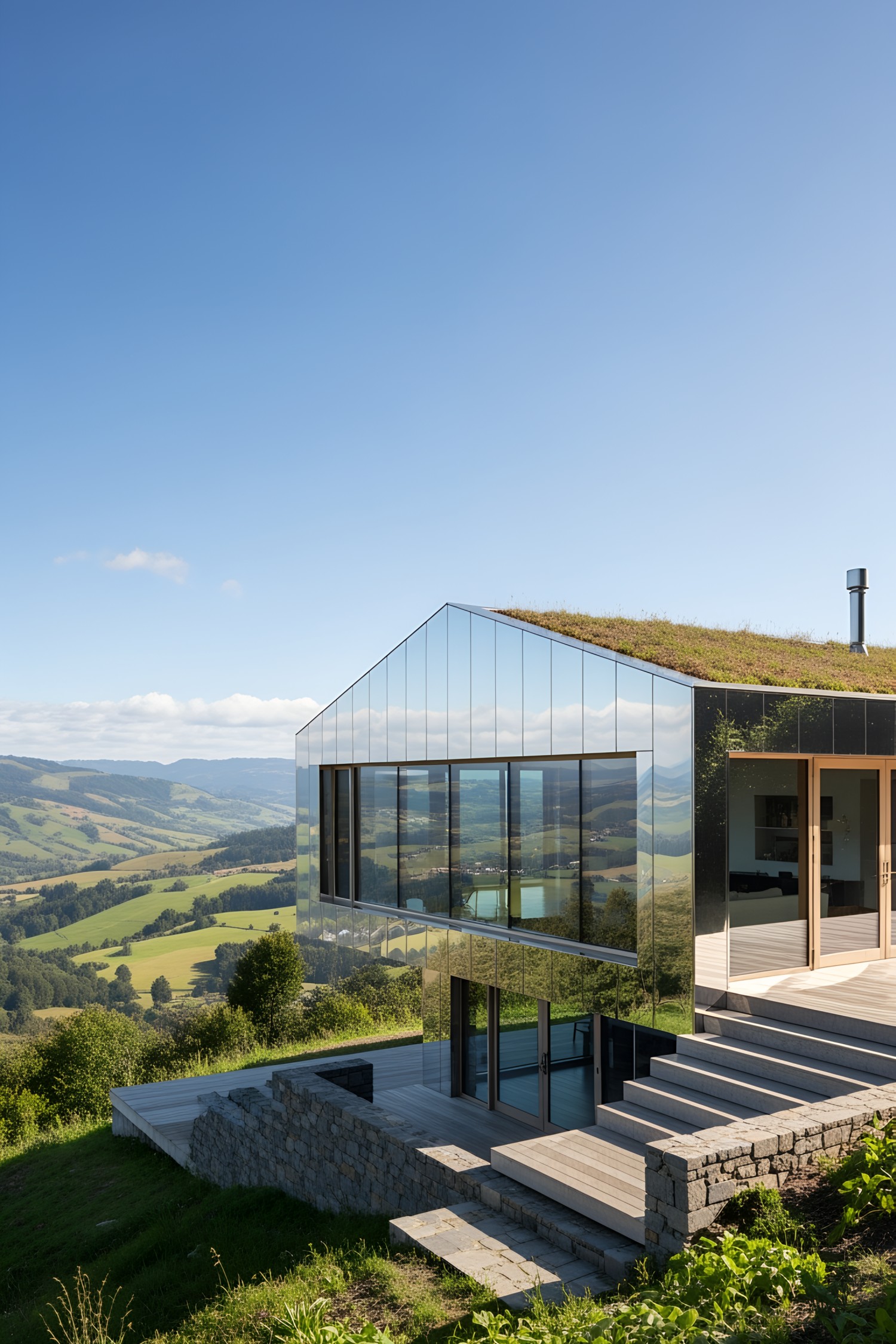 Sleek modern house with reflective siding on a hillside