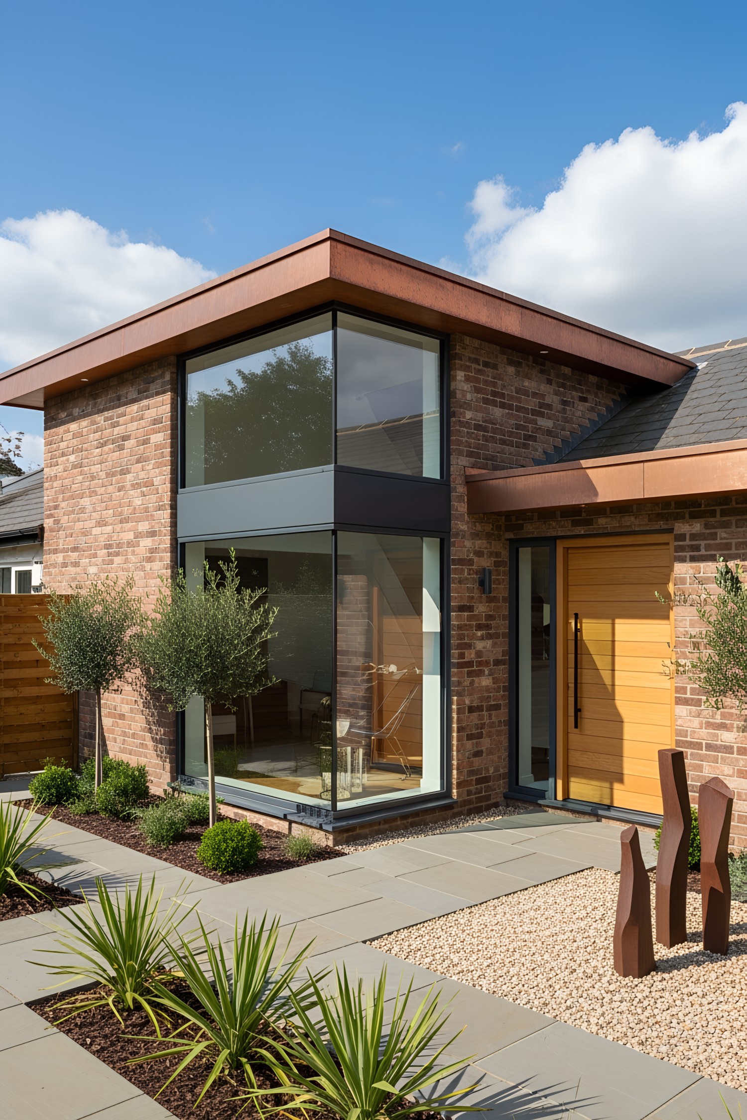 Modern house with geometric windows and brick exterior