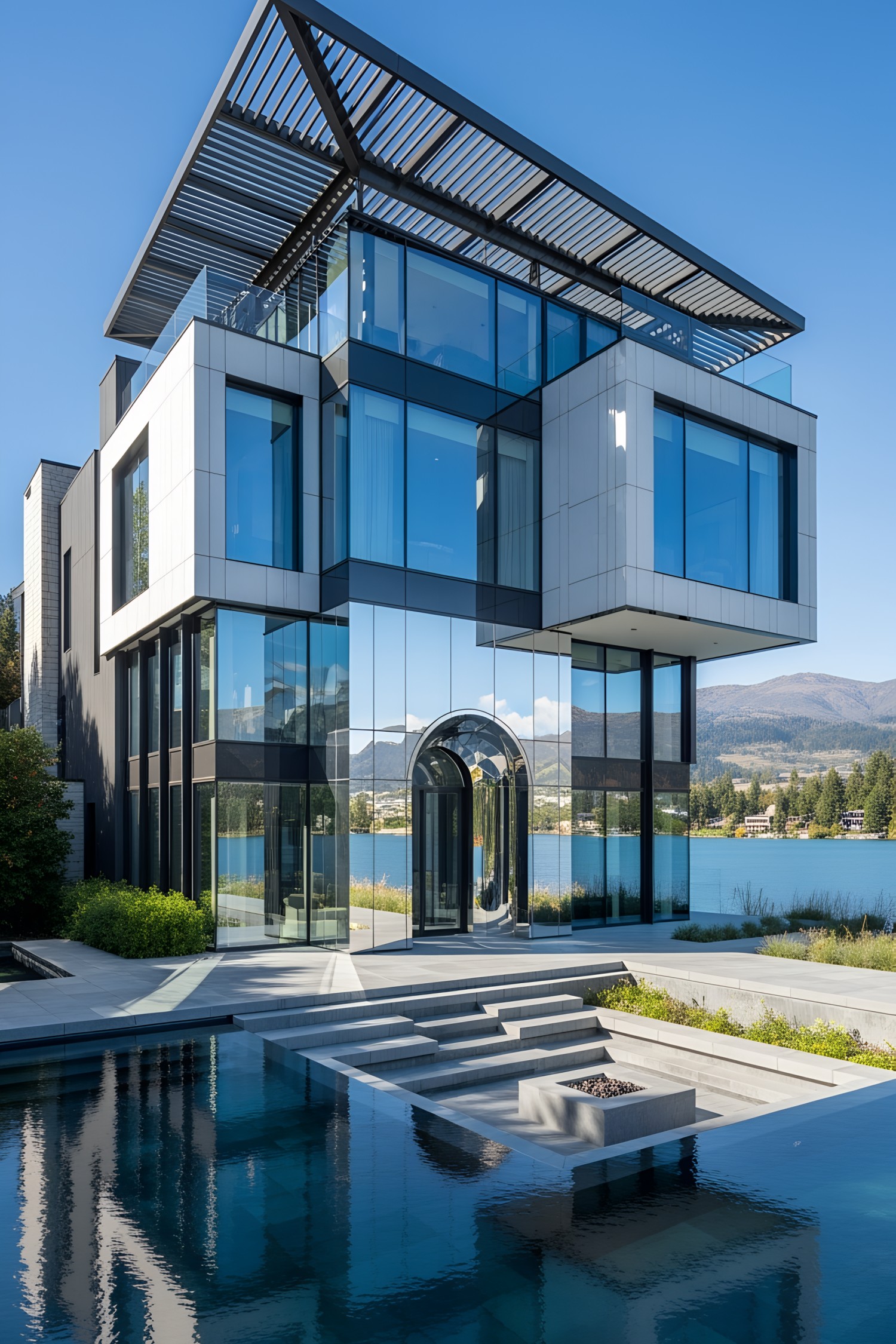 House with mirror siding reflecting the lake and sky