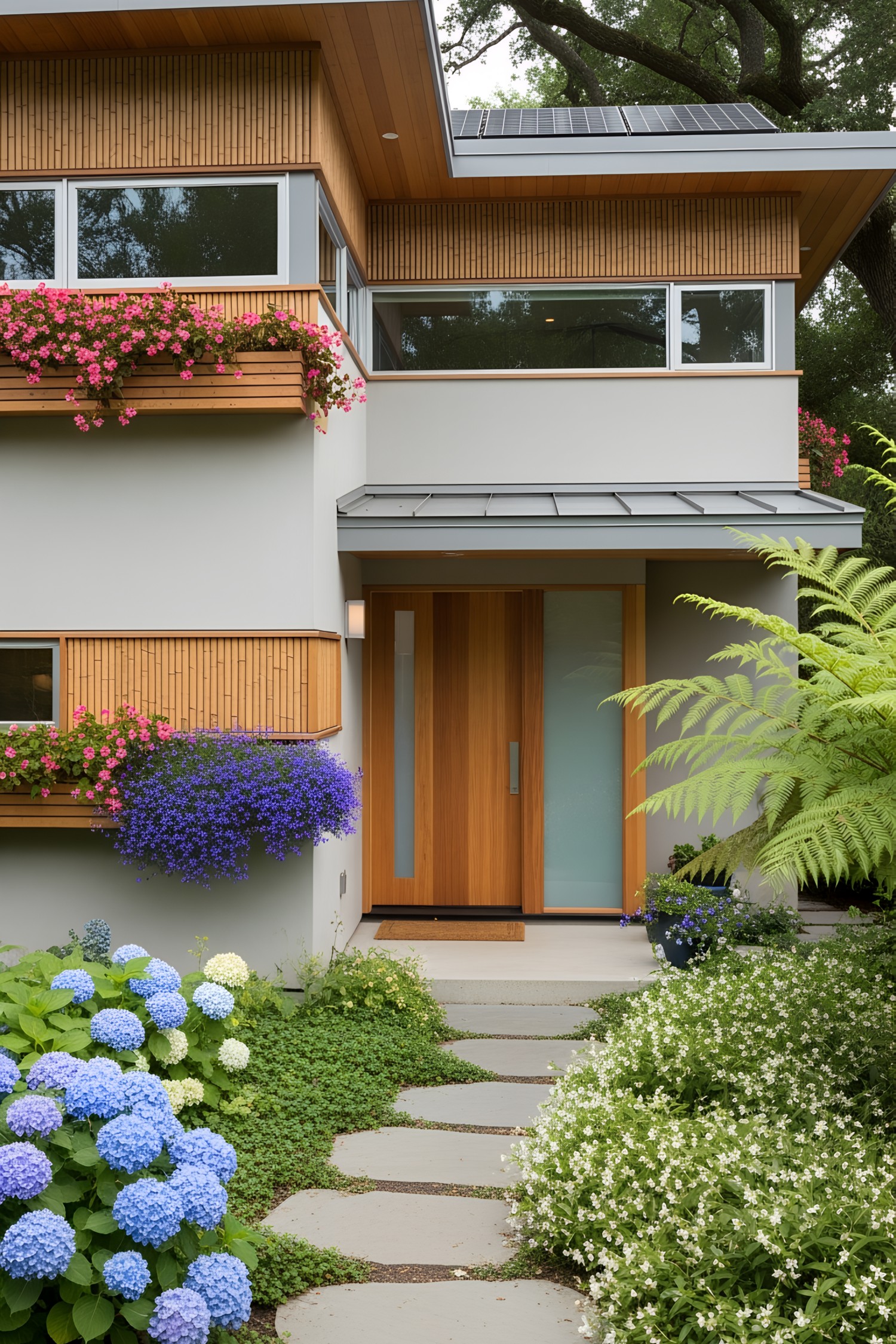 Stylish modern house with vibrant flower boxes