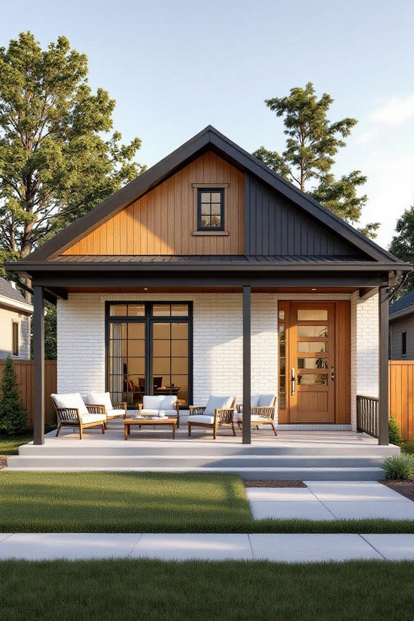 add a large porch in front of the house with outdoor furniture