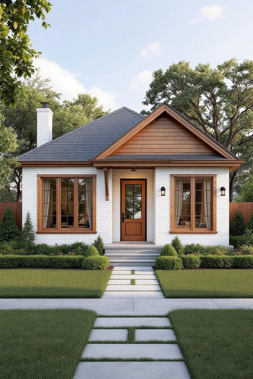 change house siding to white wood with stained wood trim