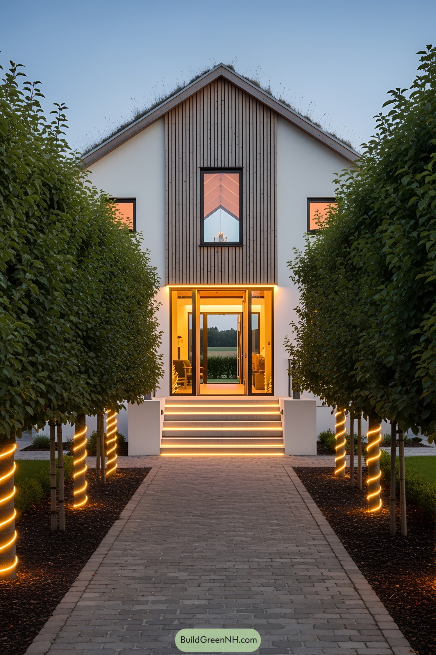 Modern house with LED lights and driveway