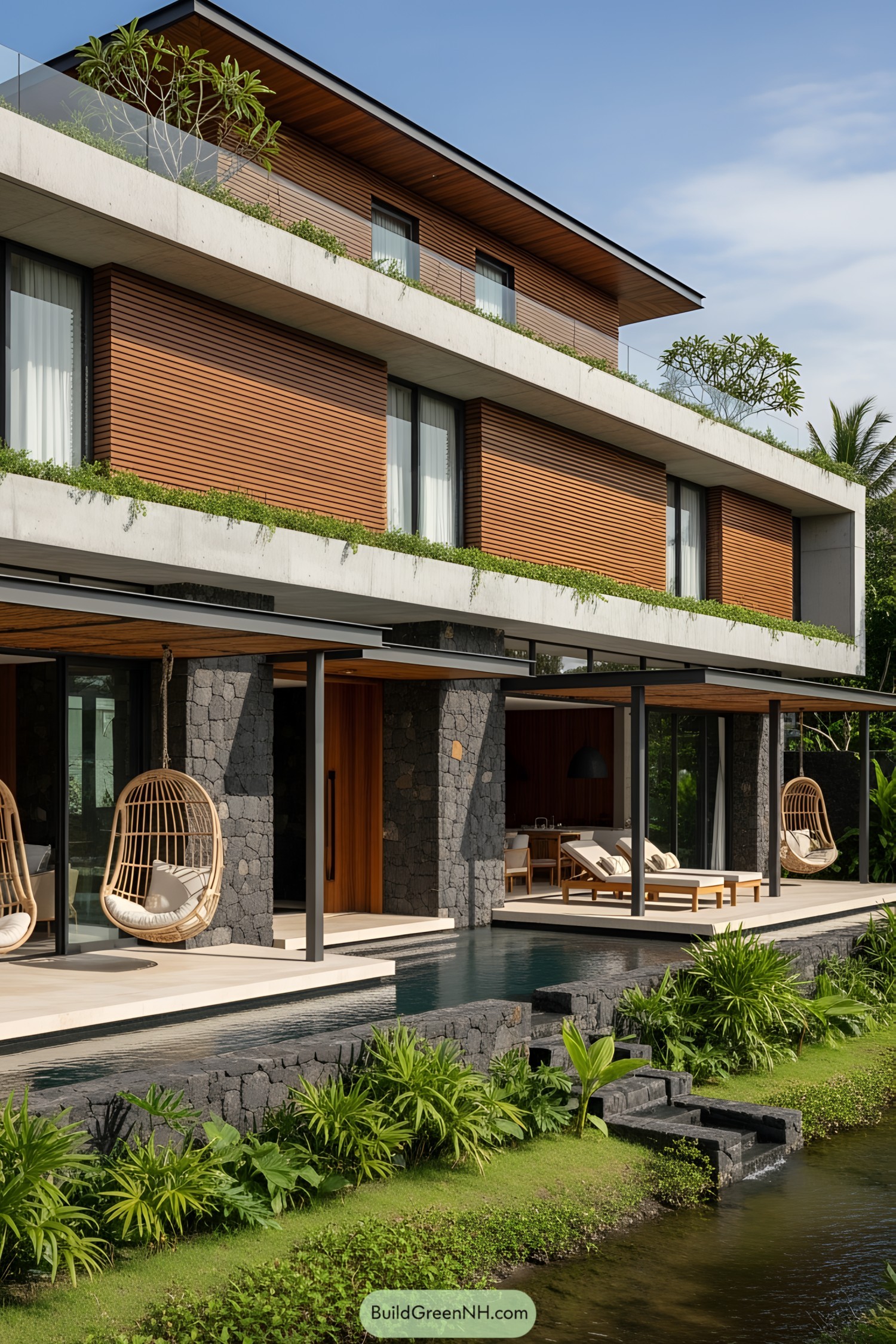 Modern house with volcanic stone facade and lush greenery