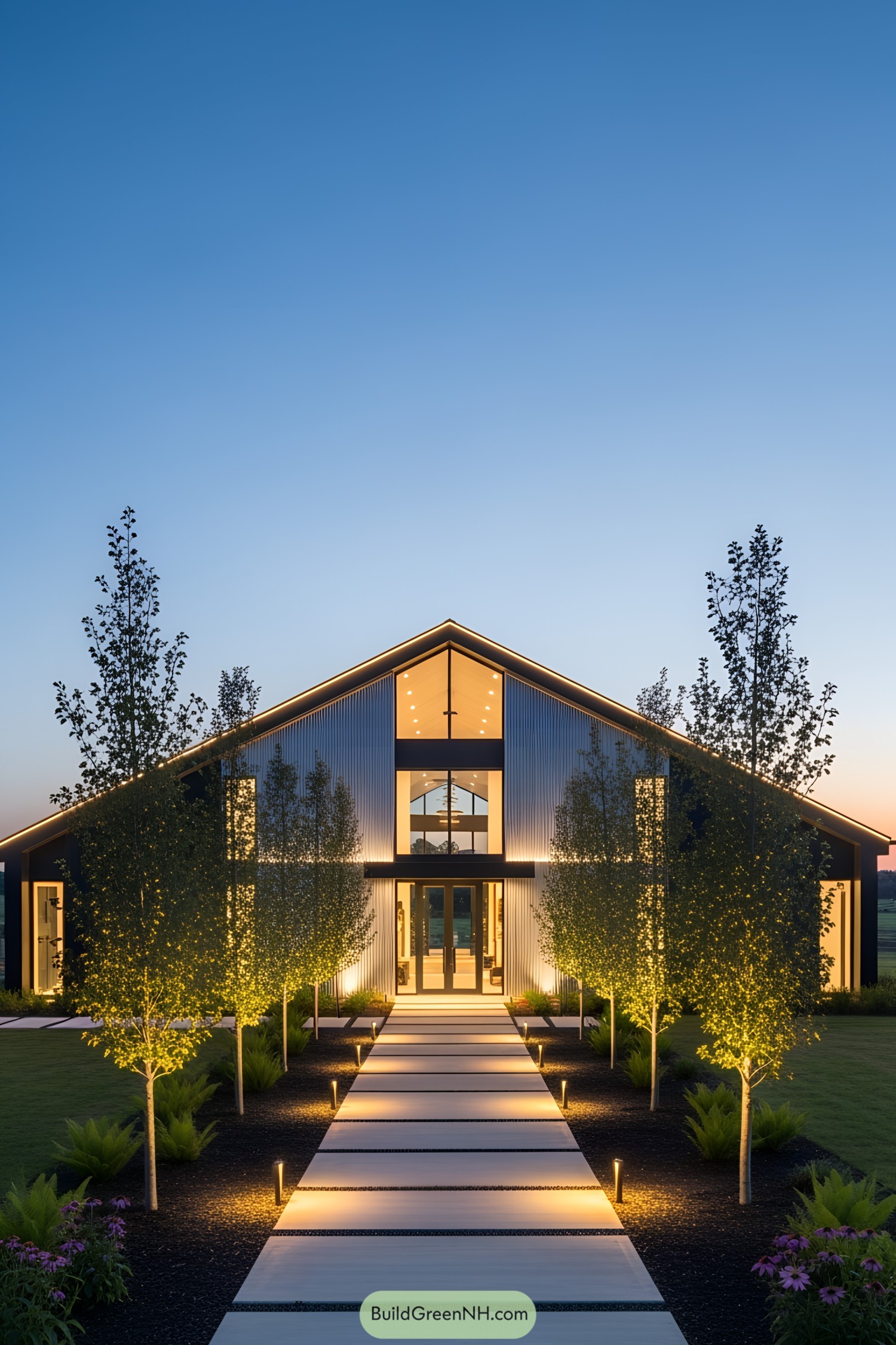 Modern barndominium lit by LEDs at sunset with glowing trees along driveway