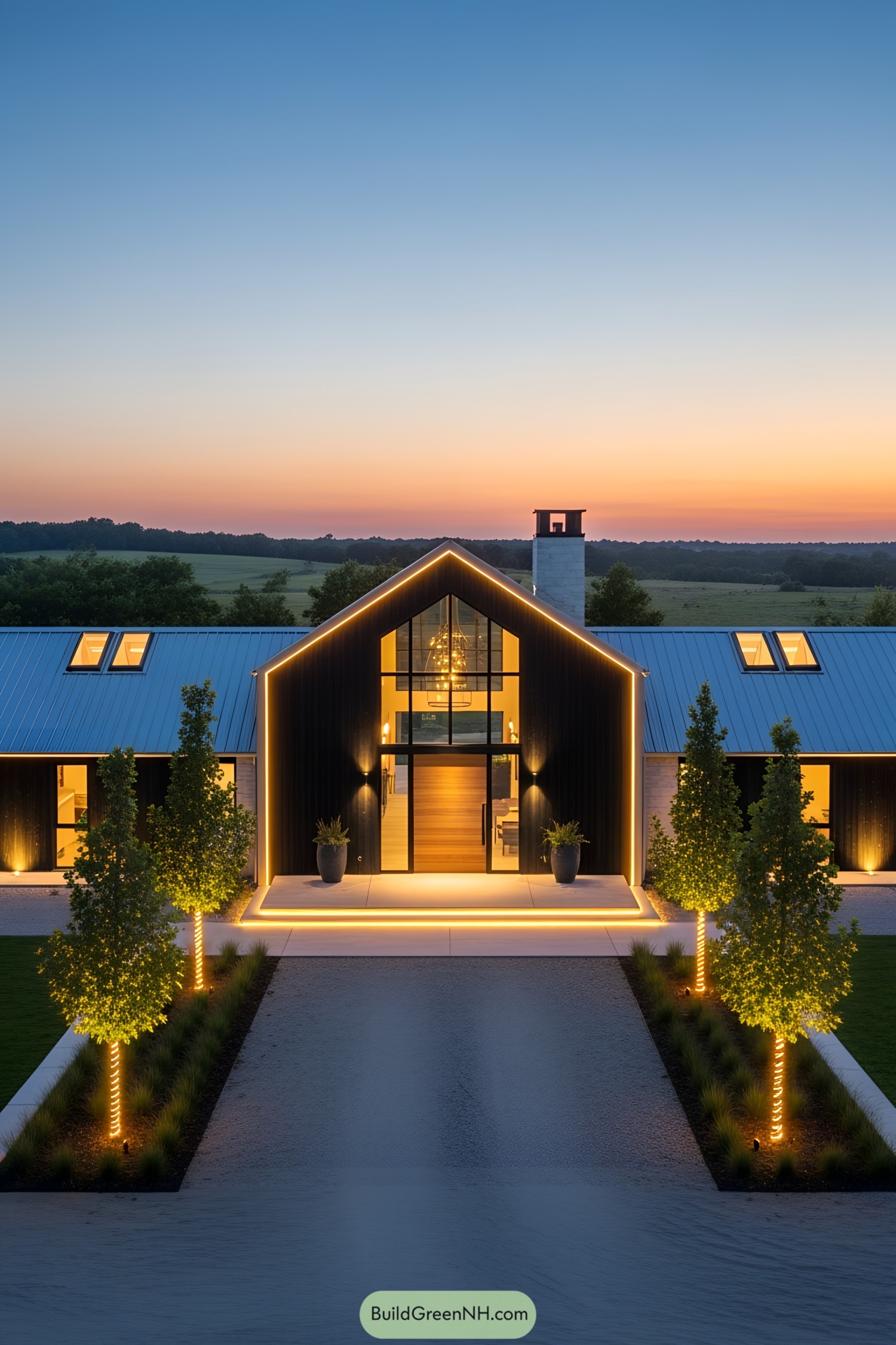 Barndominium glowing in LED lights at sunset with driveway lined by lit trees