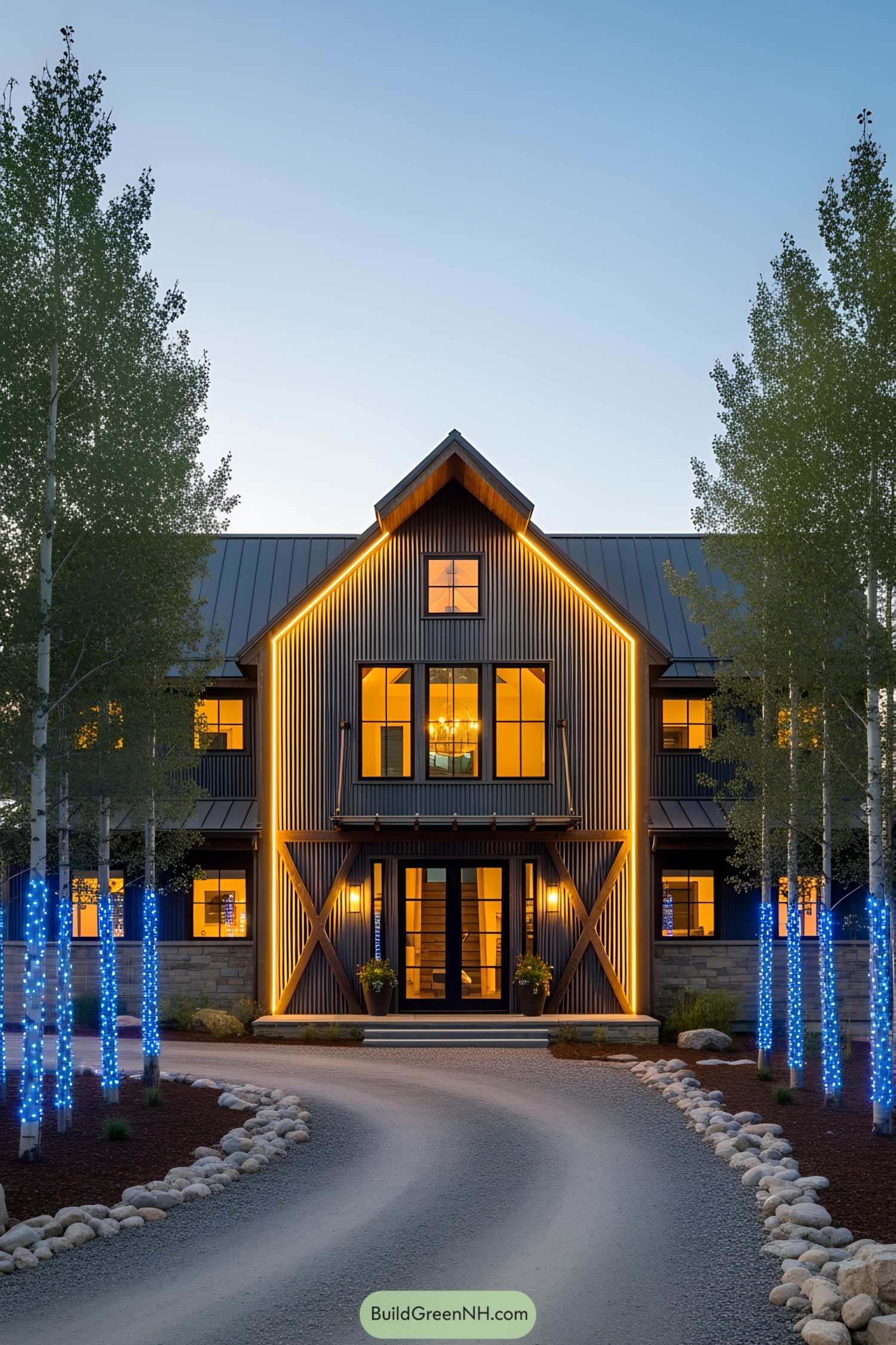 LED-lit barndominium with glowing driveway at dusk