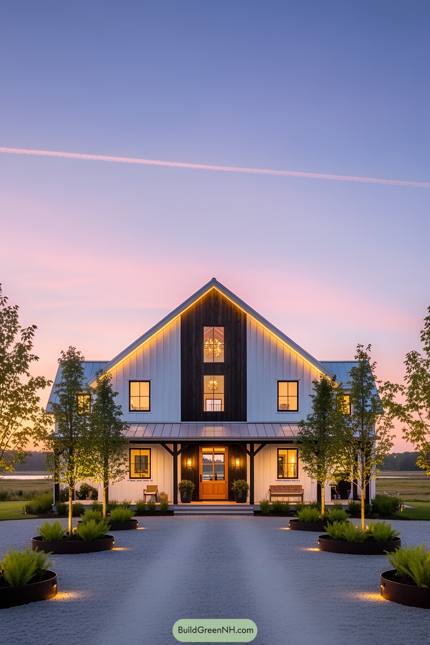 LED-lit barndominium with lined driveway at sunset