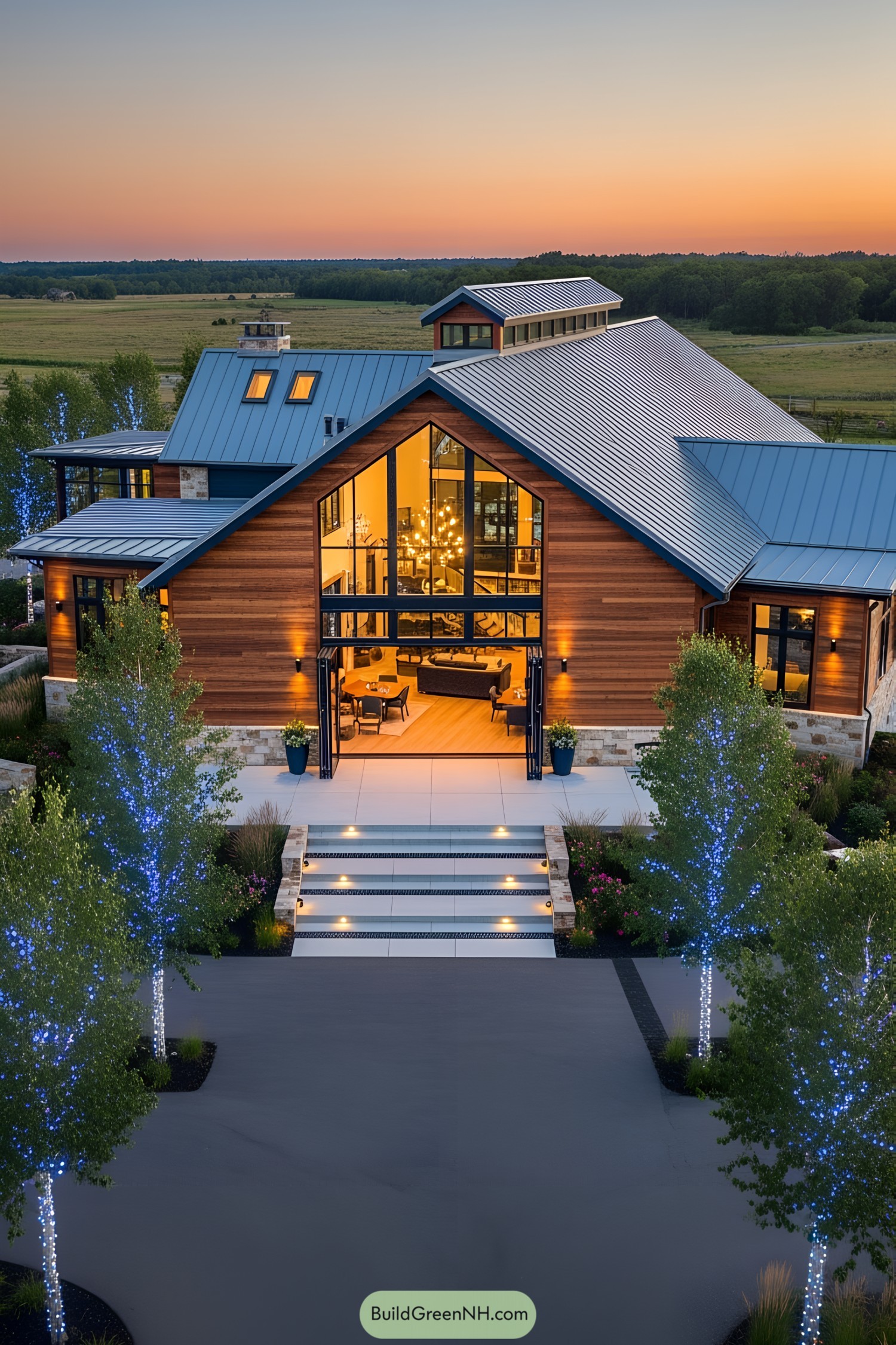 A modern barndominium glowing with LED brilliance at sunset