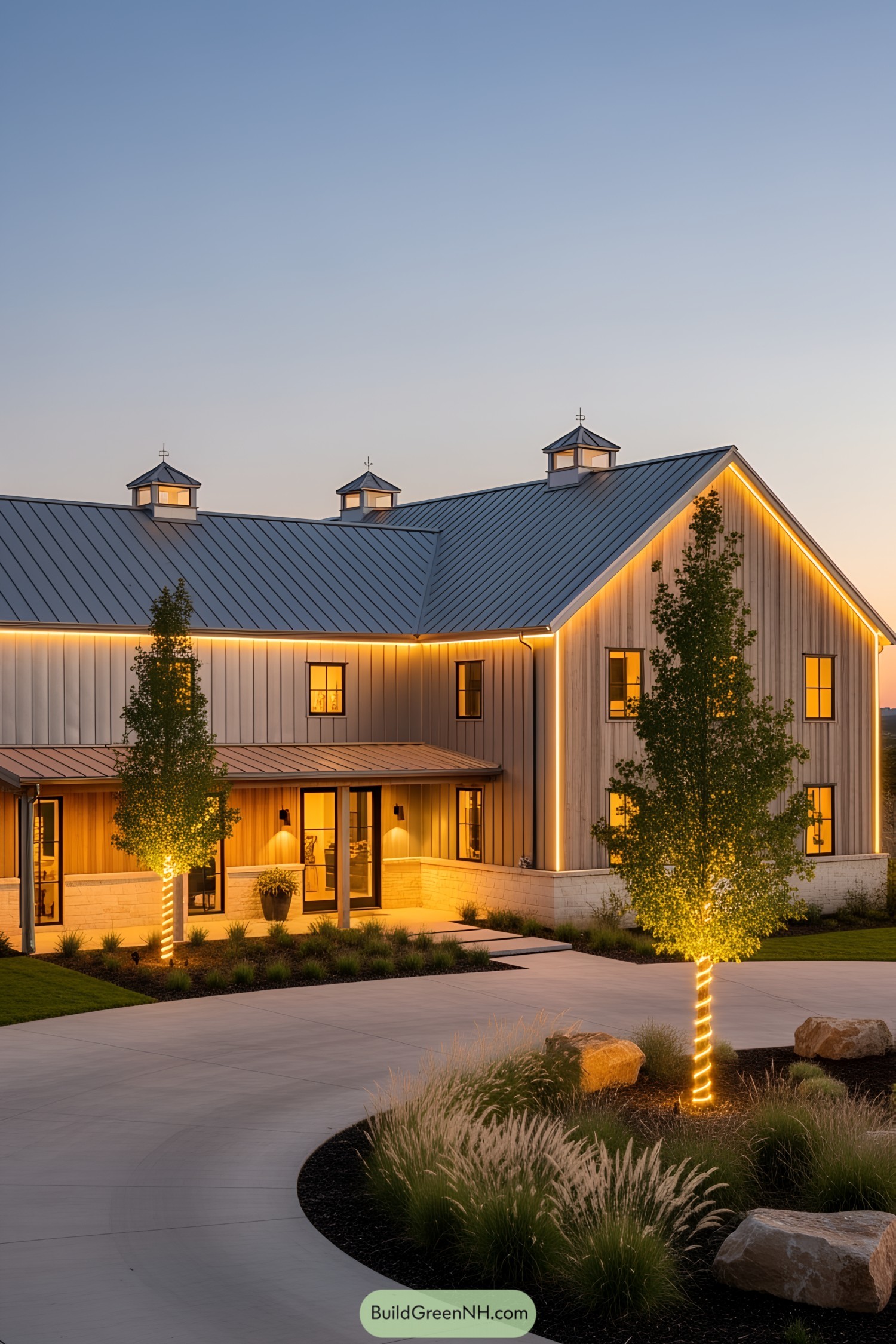 Modern barn with LED lights at sunset