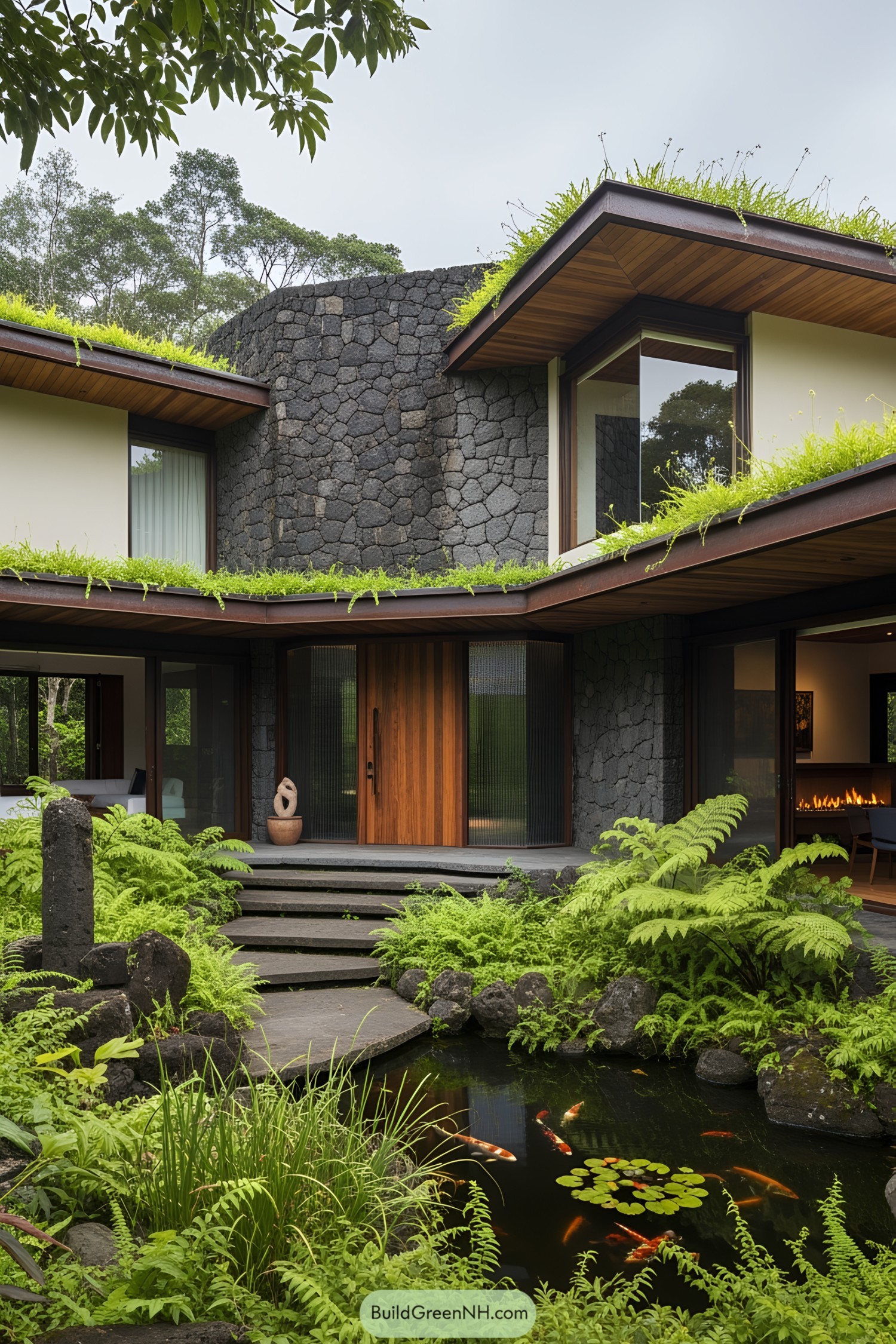 Tropical house with volcanic stone facade surrounded by greenery