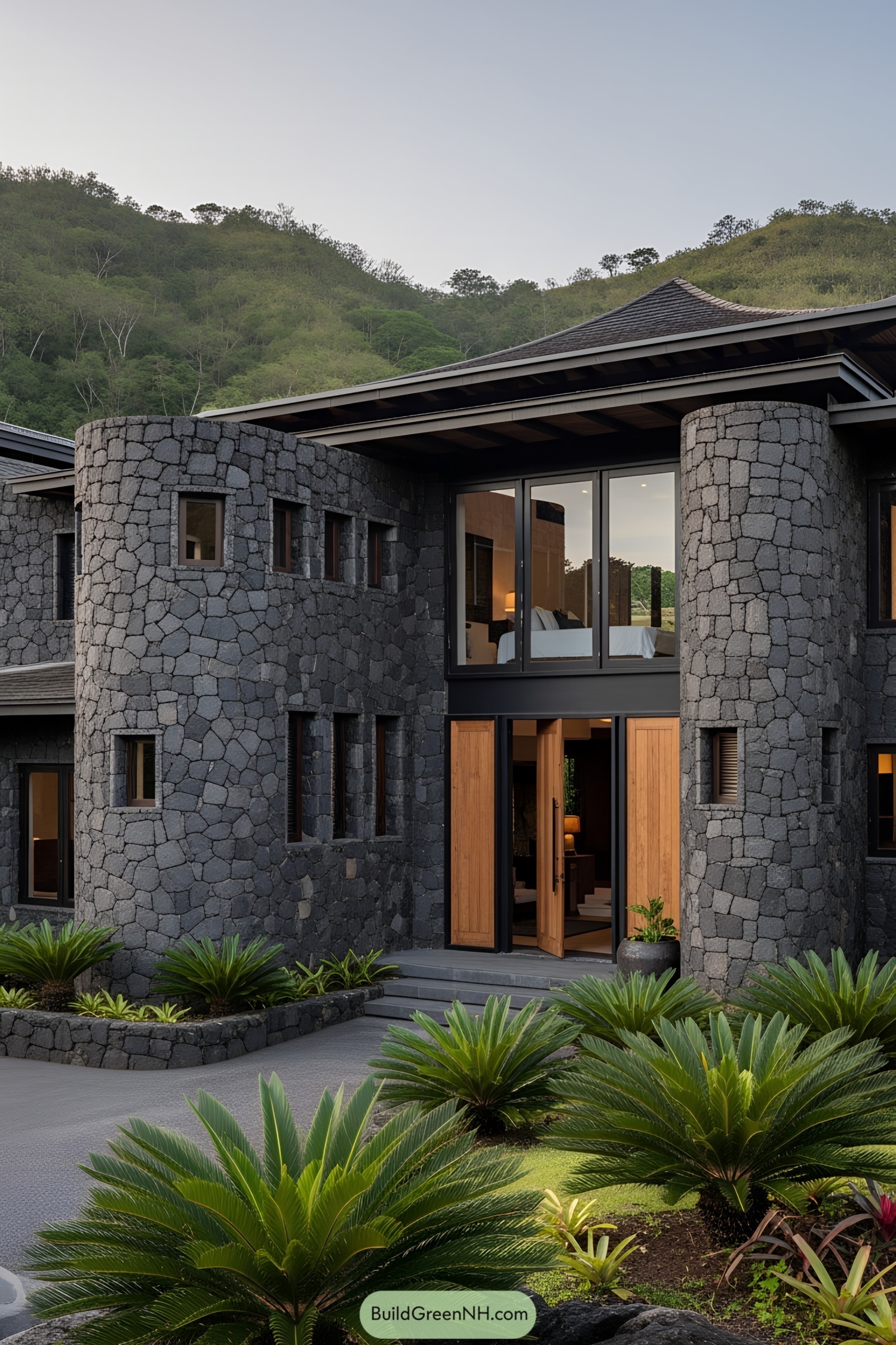 Tropical modern house with volcanic stone facade