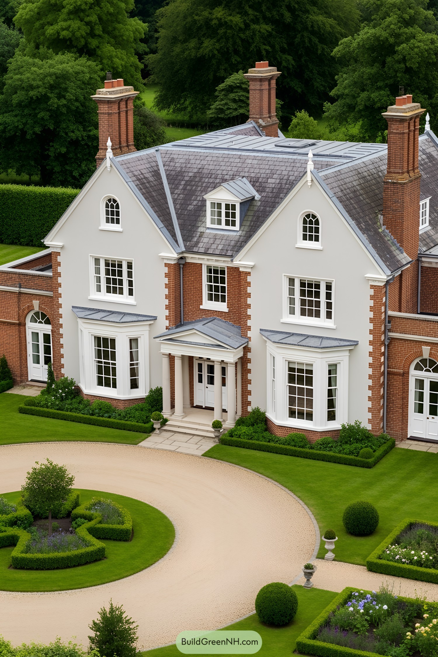 Stately brick and stucco house with tall chimneys and lush surroundings