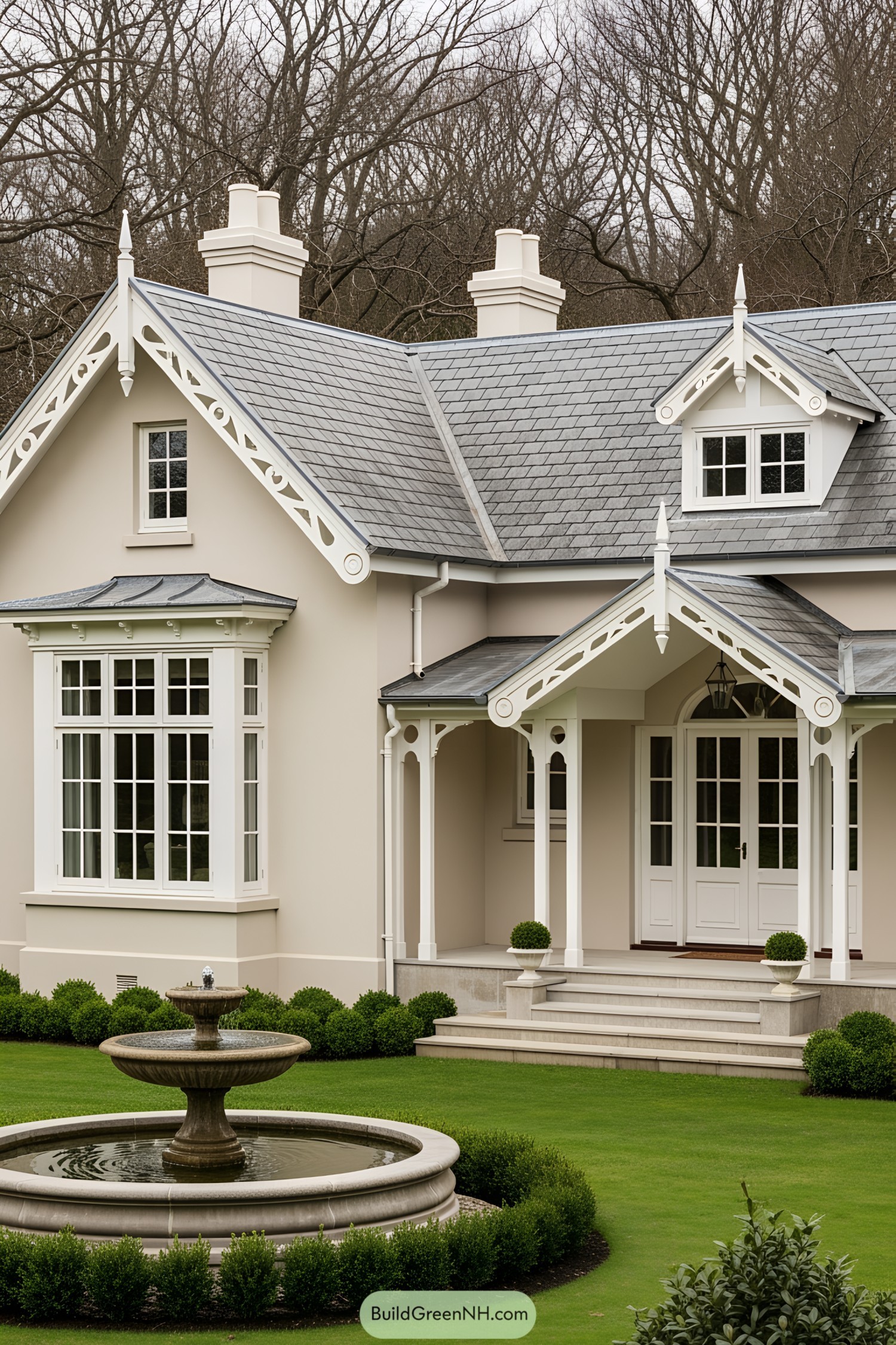 Elegant cottage with ornate trim and manicured garden