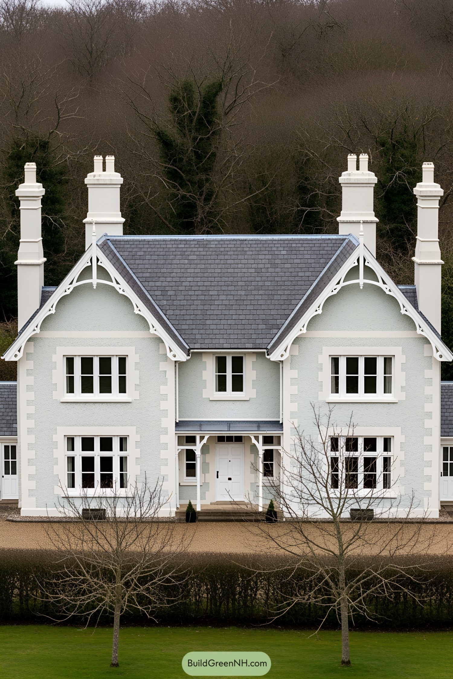 Classic cottage with pristine gables and tall chimneys