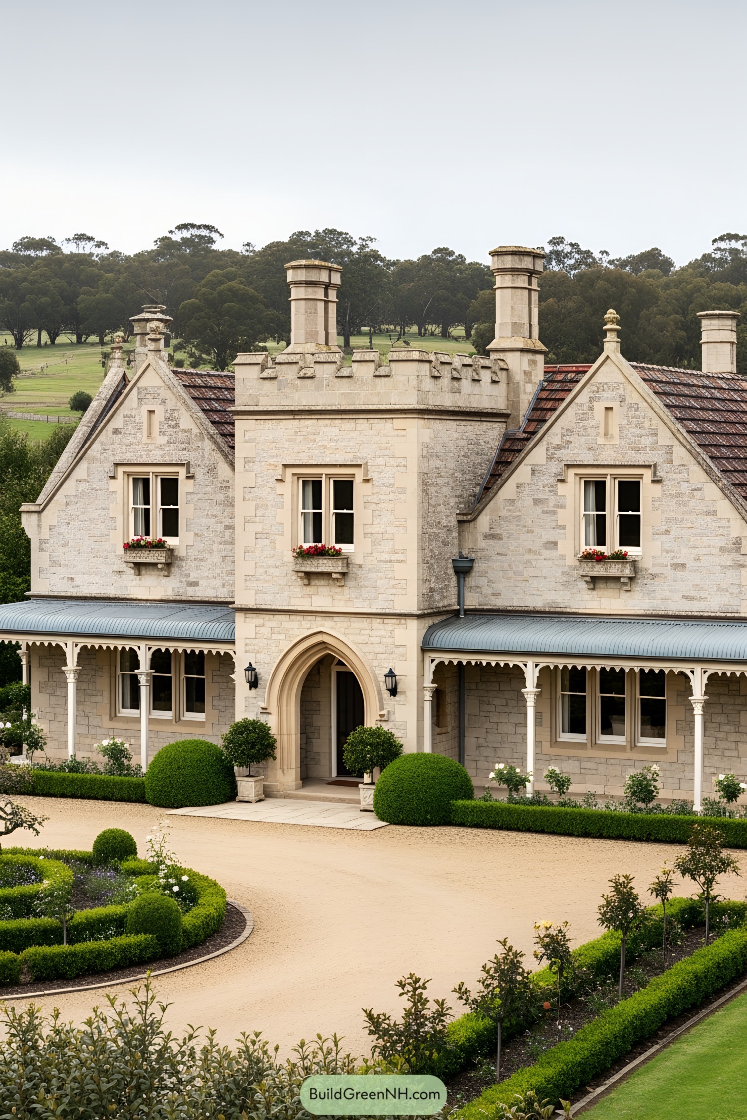 Charming stone manor with an arched entrance and lush garden