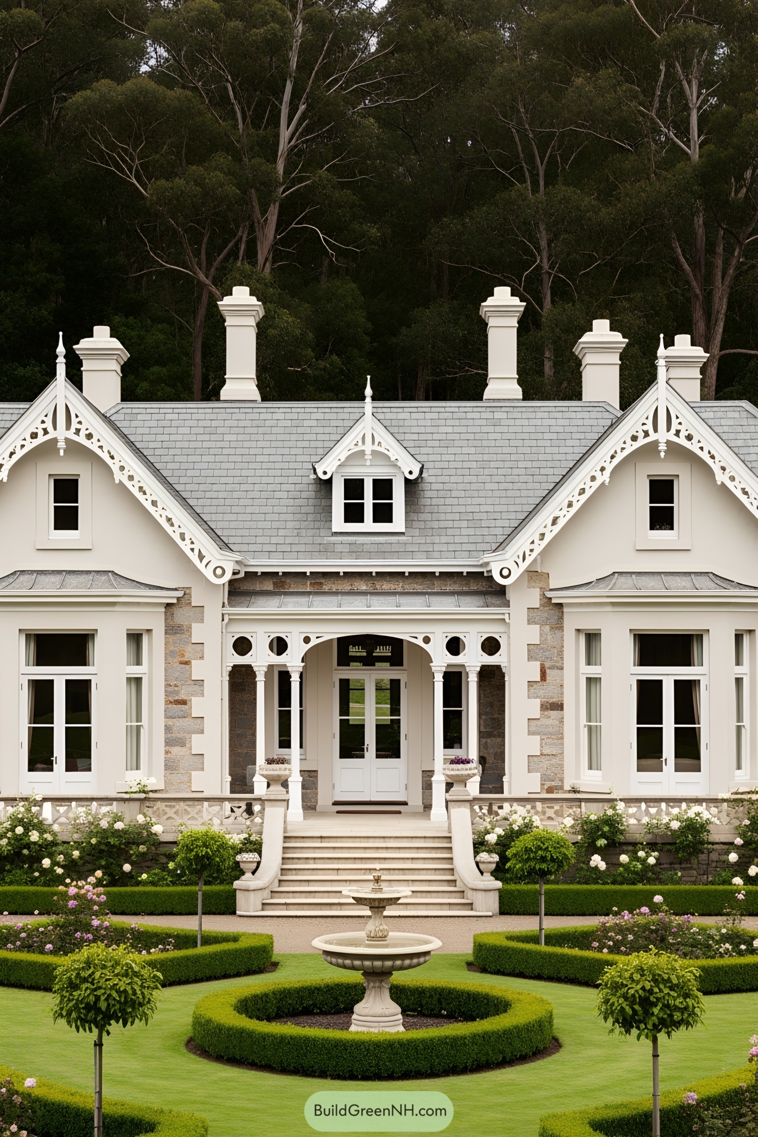 Elegant cottage with manicured gardens and ornate chimney pots