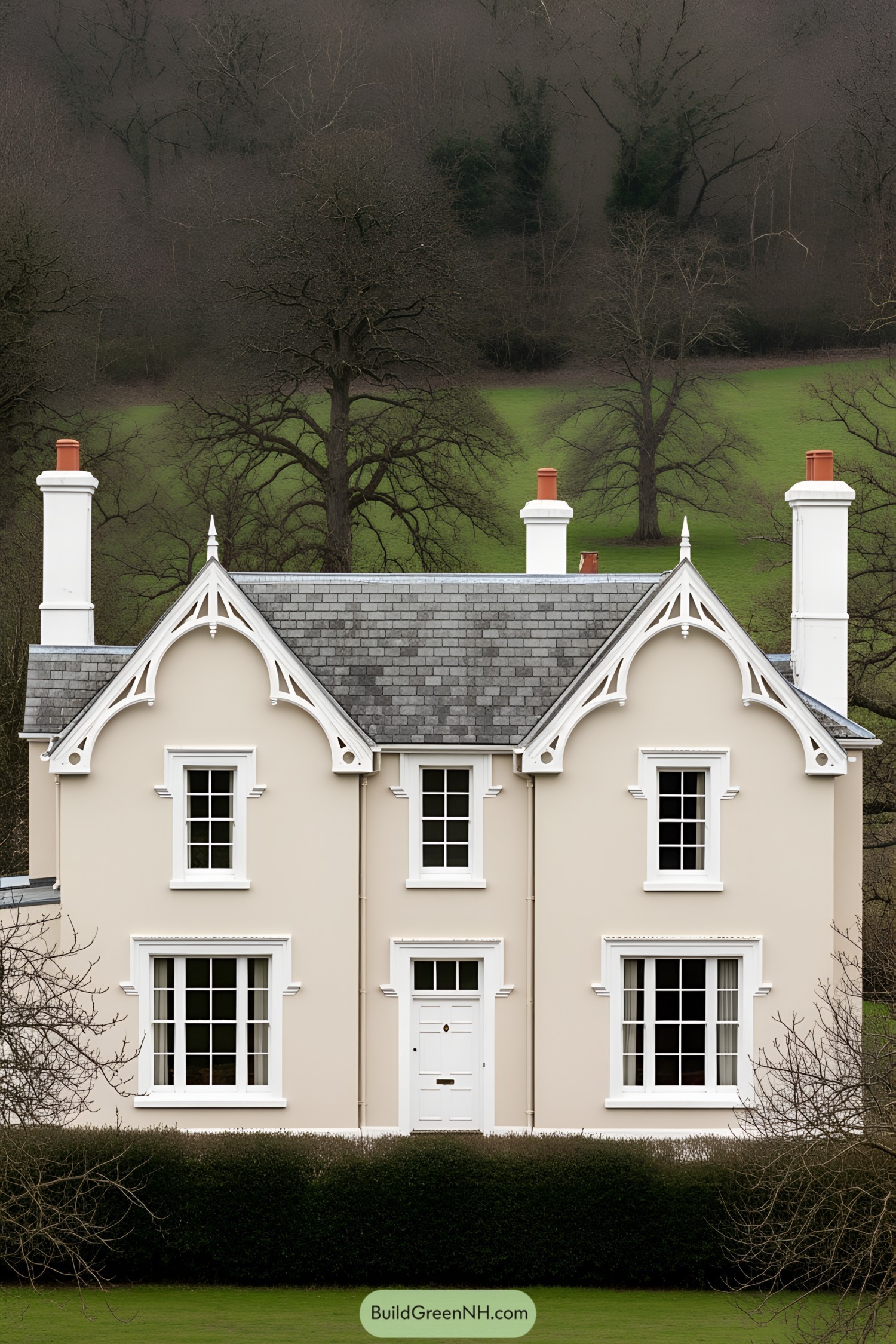 Charming beige cottage with ornate gables