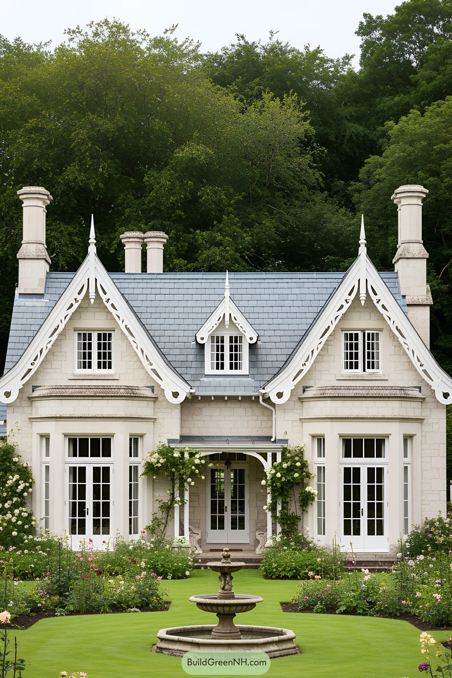 Quaint cottage with ornate white trim and lush surroundings