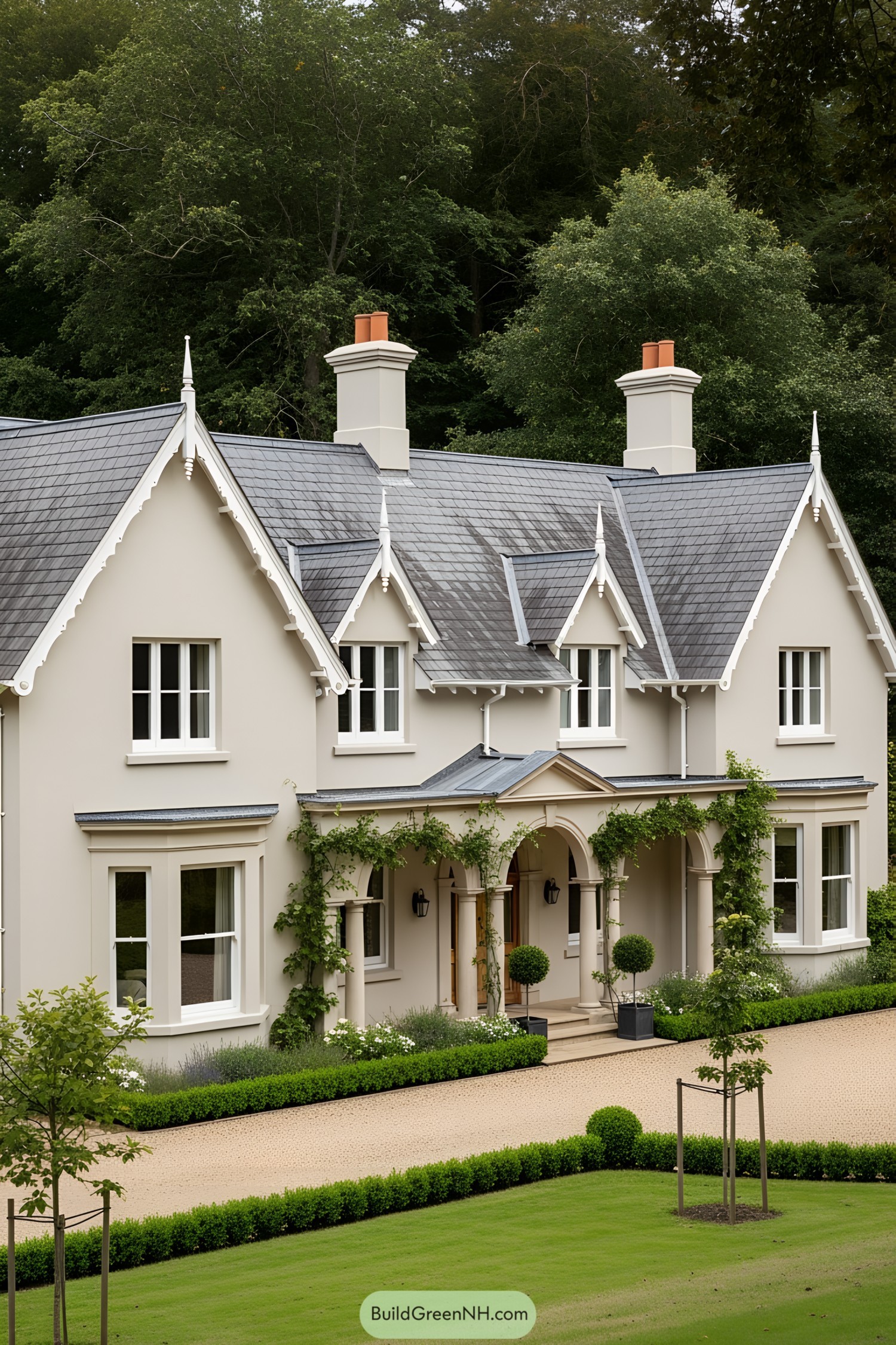 Quaint cottage with two prominent chimneys amidst greenery