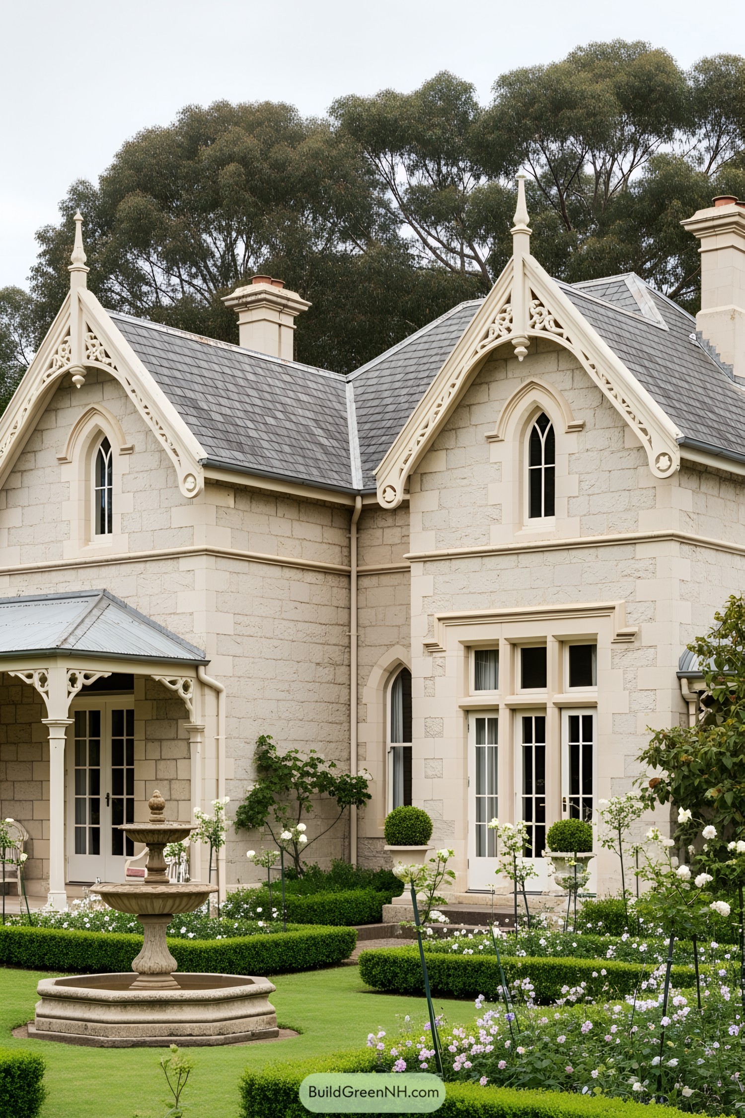 Historic cottage with intricate gables and lush garden
