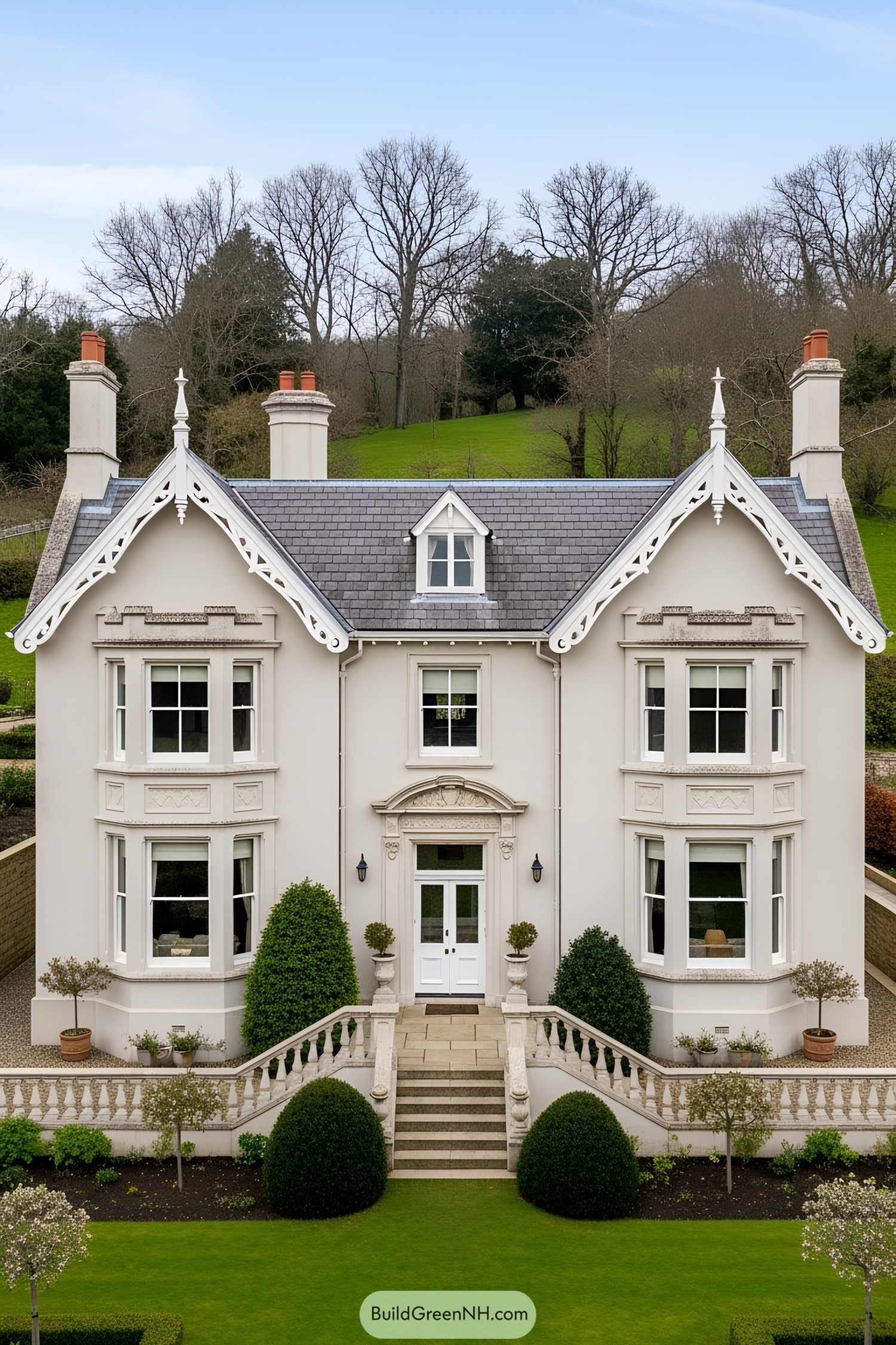Elegant three-story house with intricate detailing and sweeping staircase