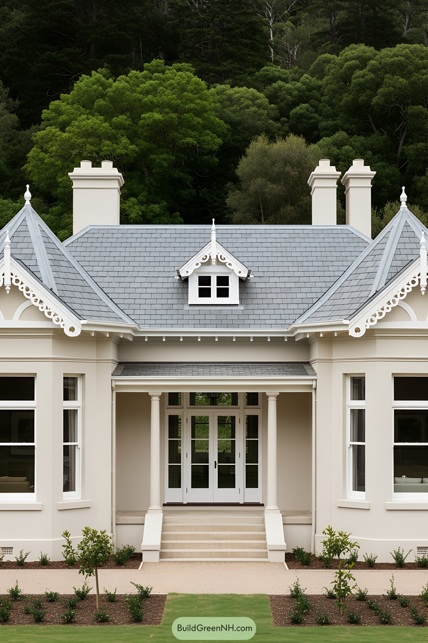 Classic cottage with ornate details nestled in greenery