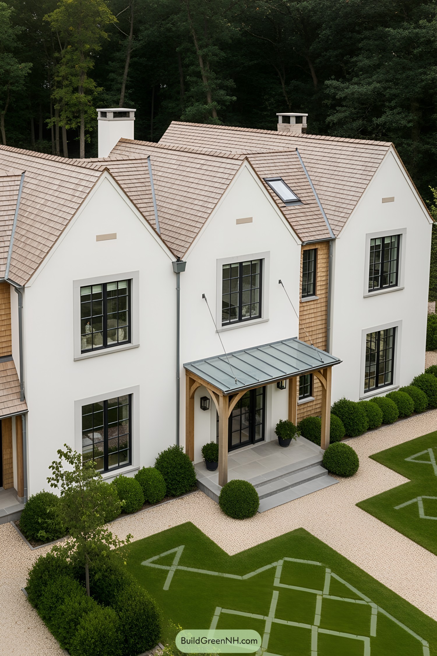 Quaint farmhouse with gabled roofs in a serene setting