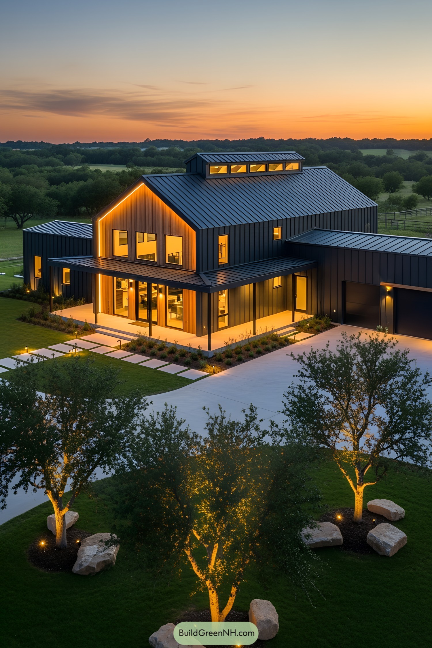 Aerial view of a sleek barndominium lit with LED lights
