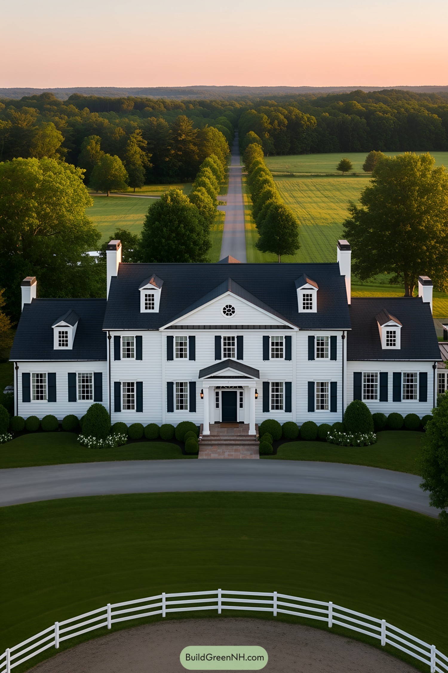 Large white ranch house with black shutters and a long tree-lined driveway