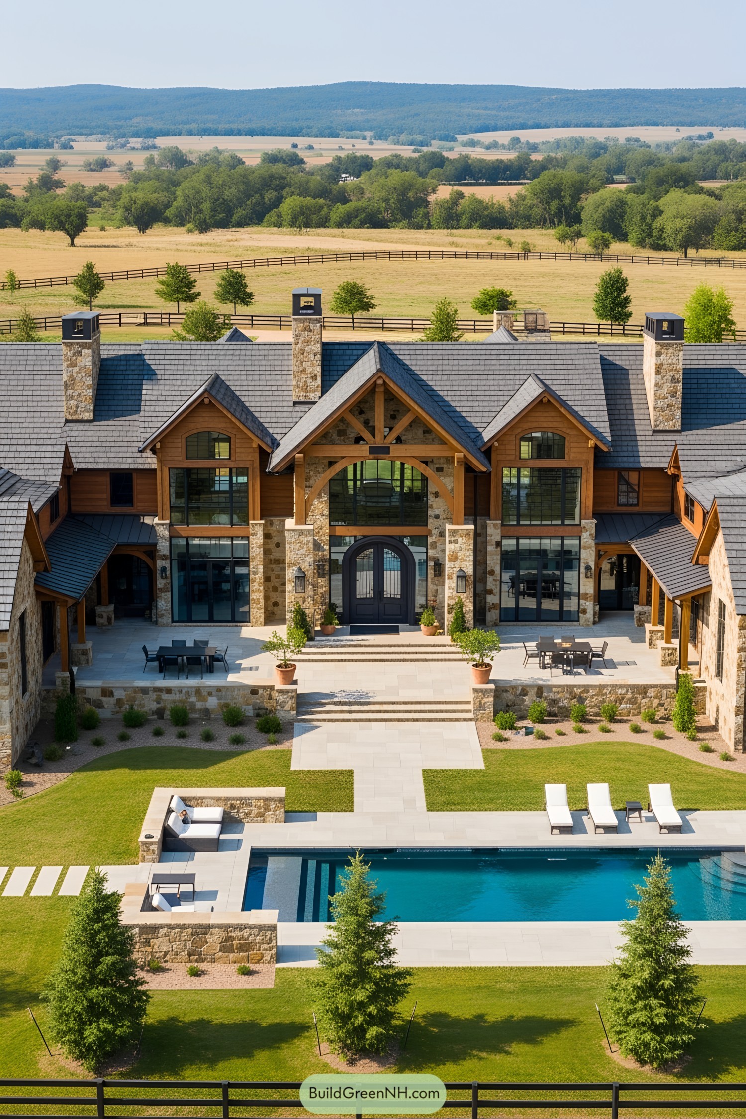 Ranch mansion with pool and patio, surrounded by fields