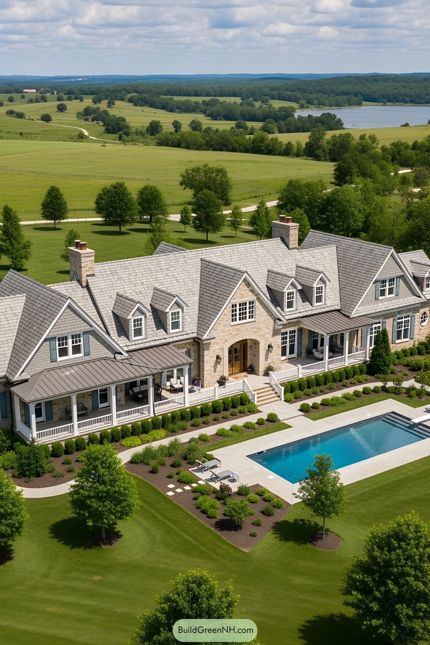 Luxurious countryside mansion with pool and manicured lawns