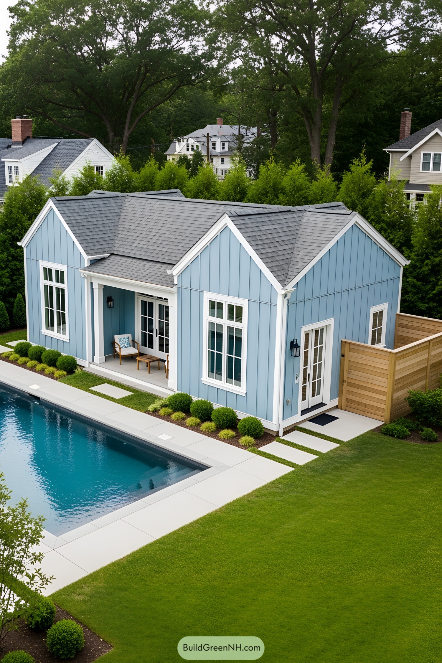 Elegant pool house with garden in sunlight