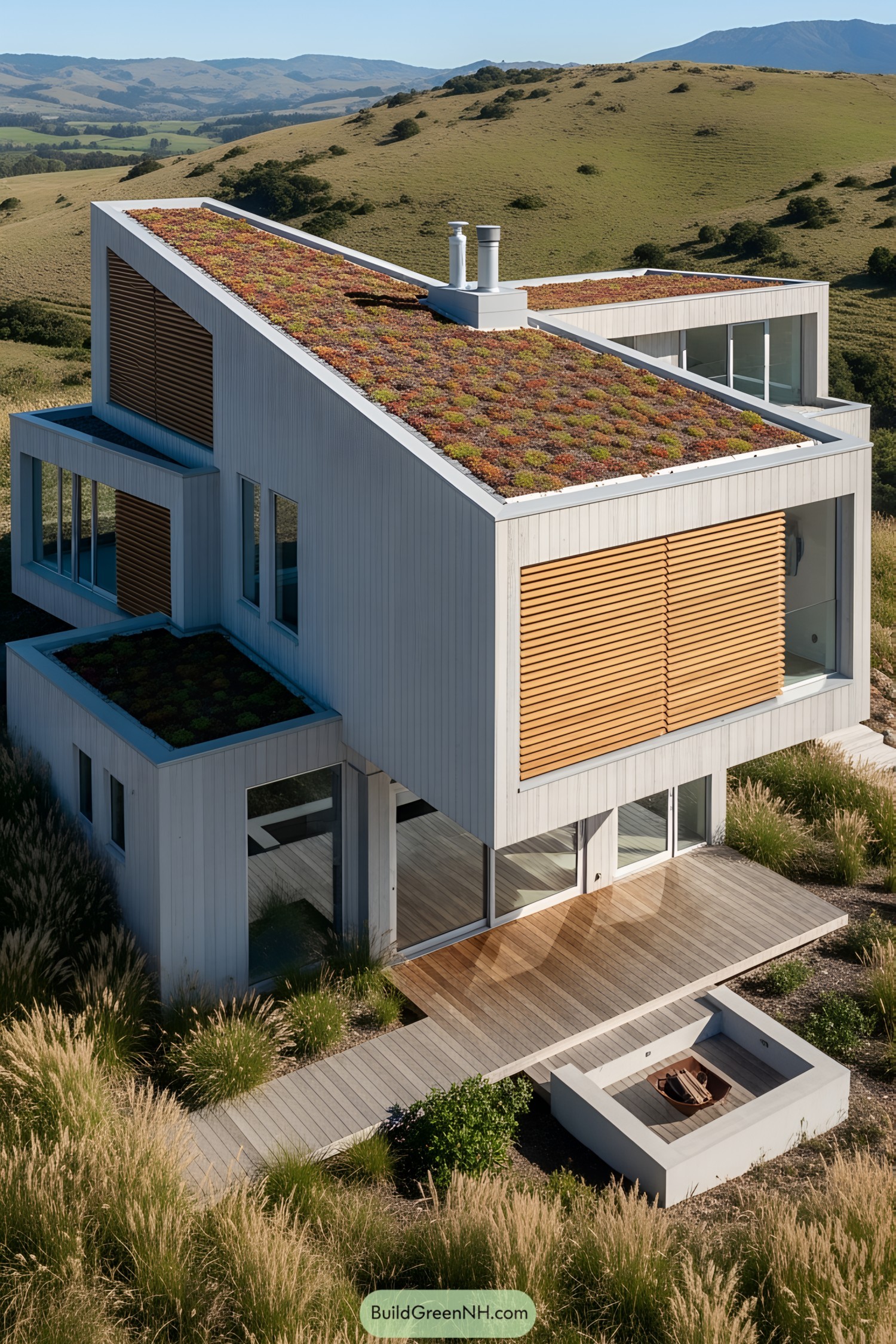Modern house with a green roof on a grassy hill