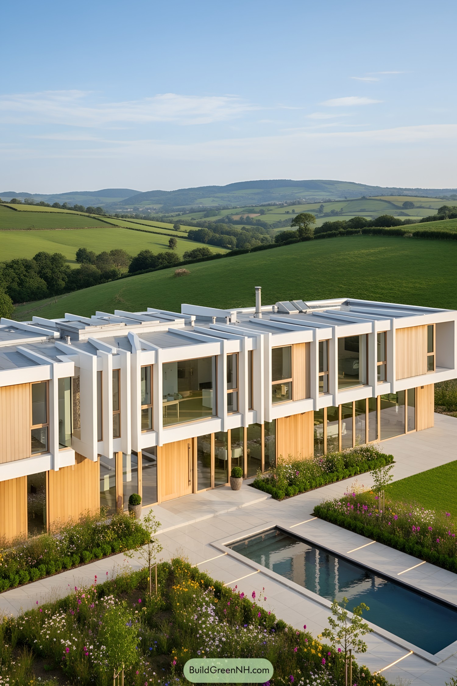 A modern house on a hillside with lush green surroundings