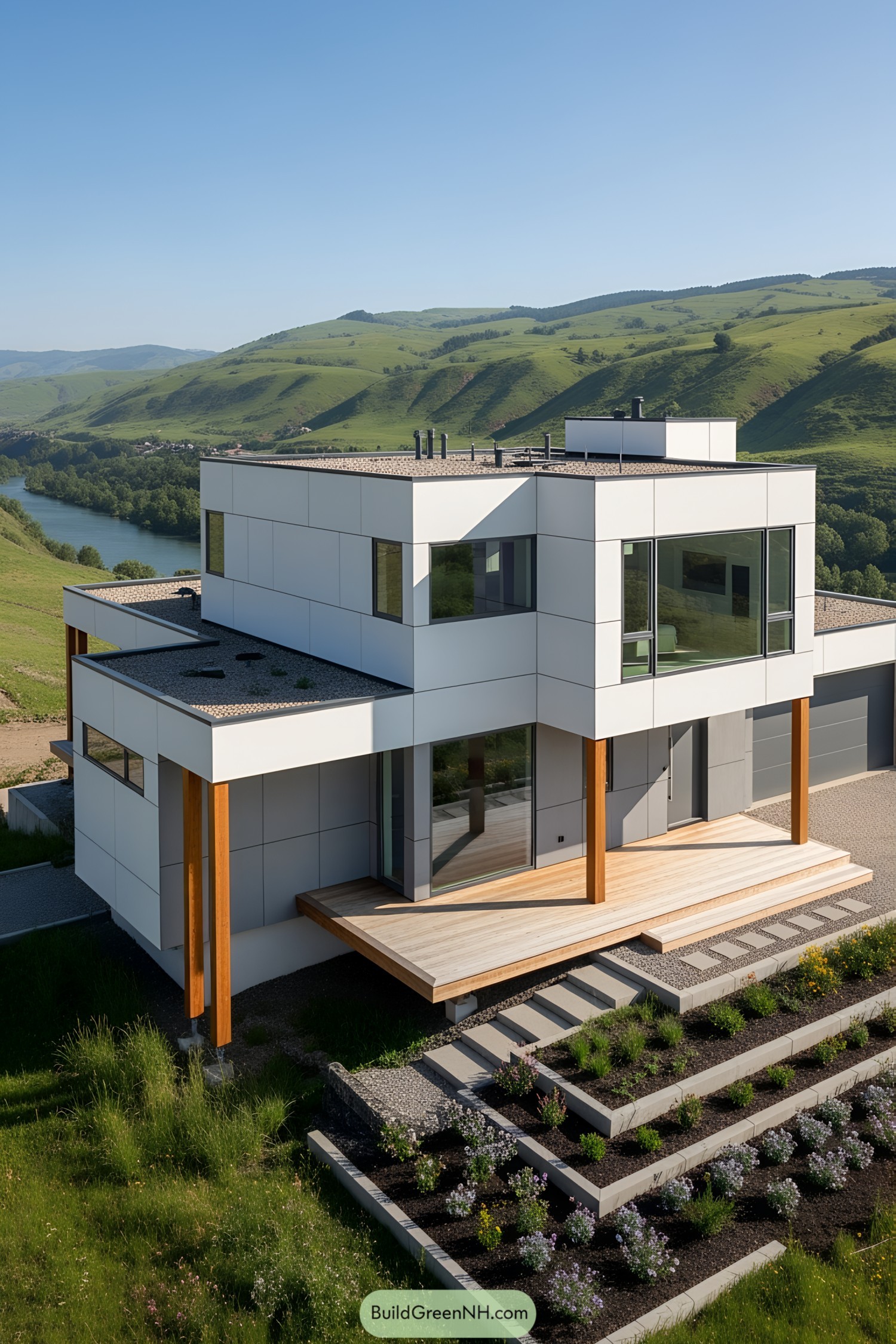 Modern house overlooking a green valley and river