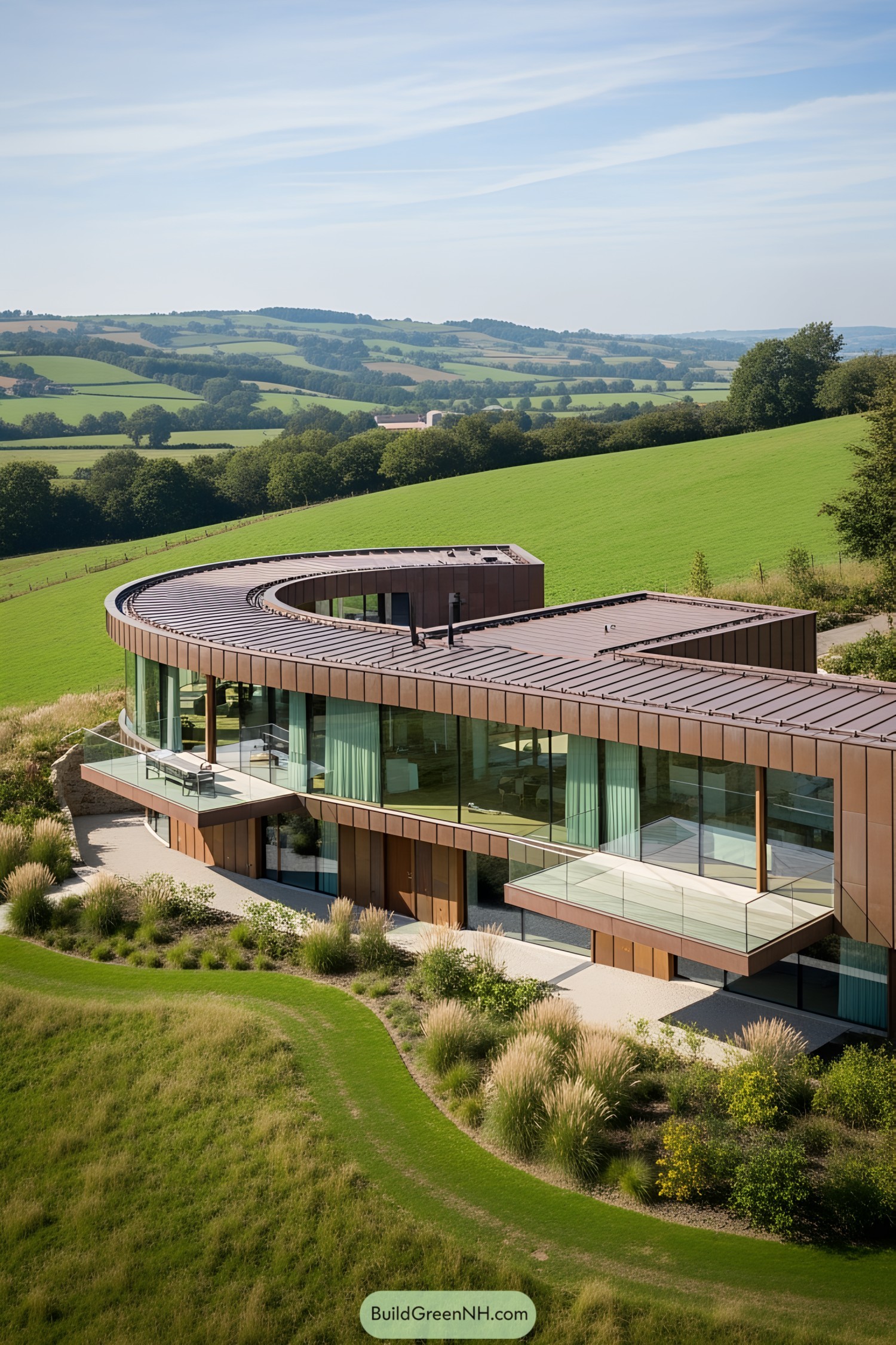 Modern house with sweeping glass facade on a hill