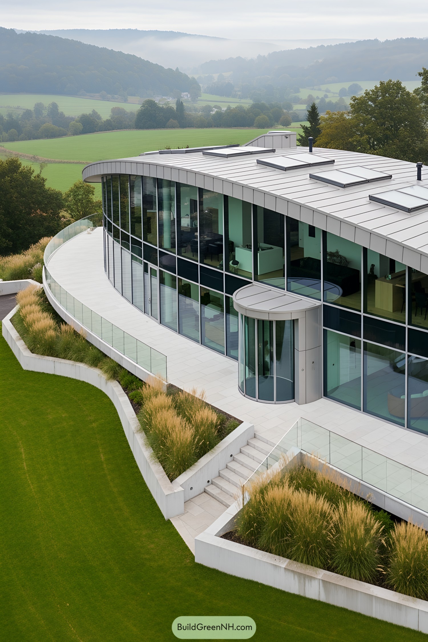 Modern house with curved glass facade overlooking a lush valley