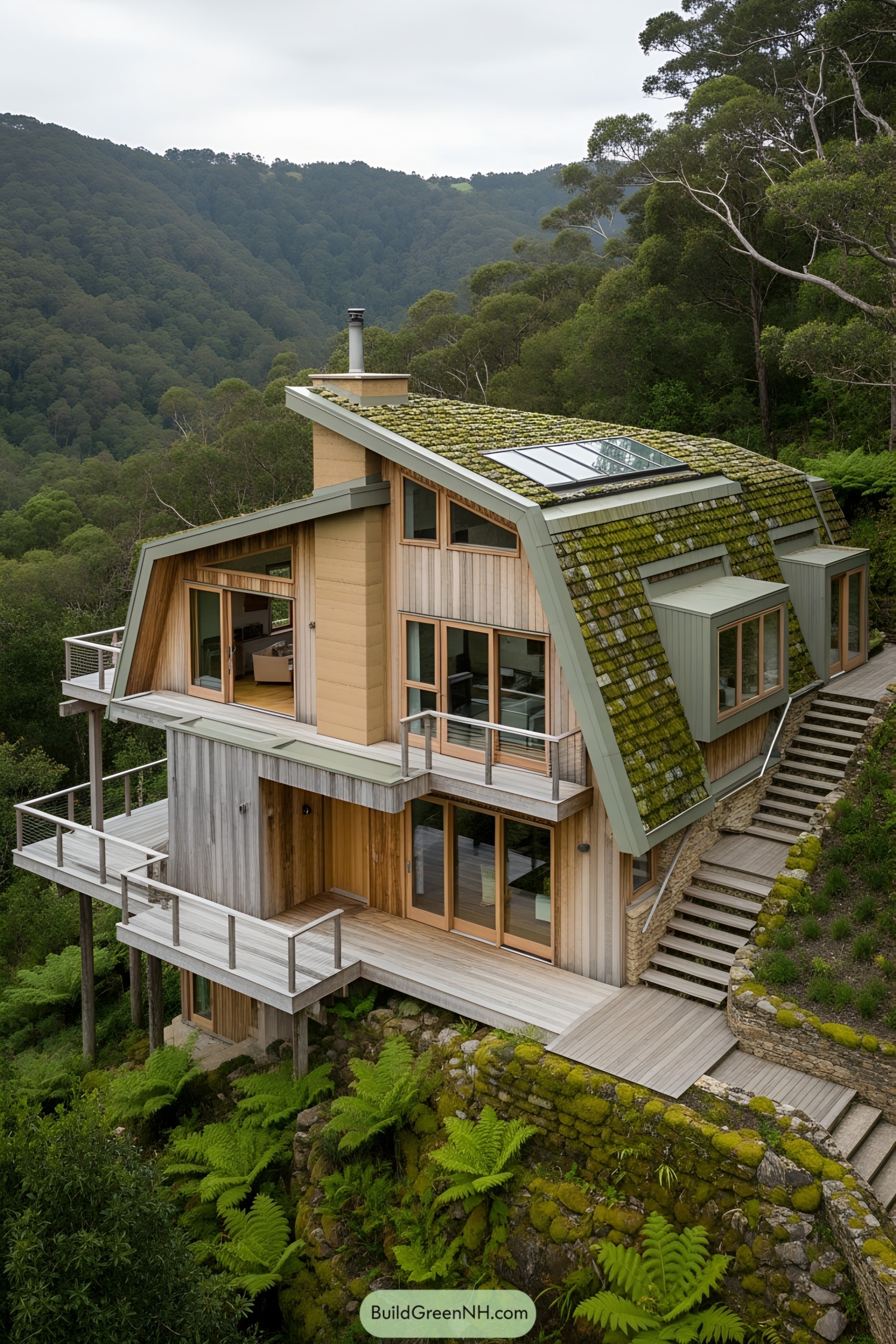 Modern house perched on a lush green hill with a mossy roof